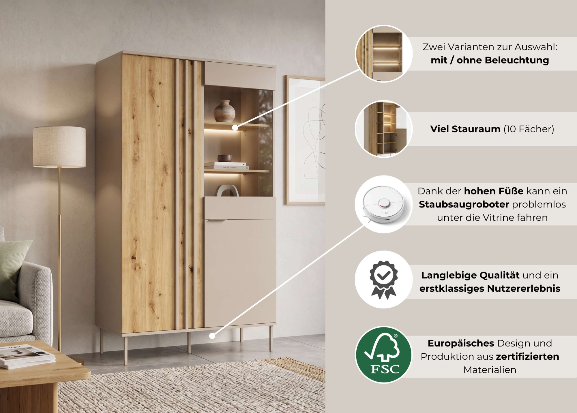 OTTO home Vitrine »AAELIN Vitrineschrank mit/ohne Beleuchtung, verglast, viel Stauraum« Standvitrine/Glasvitrine mit 2 Türen, 8 Einlegeböden, matt Hochschrank