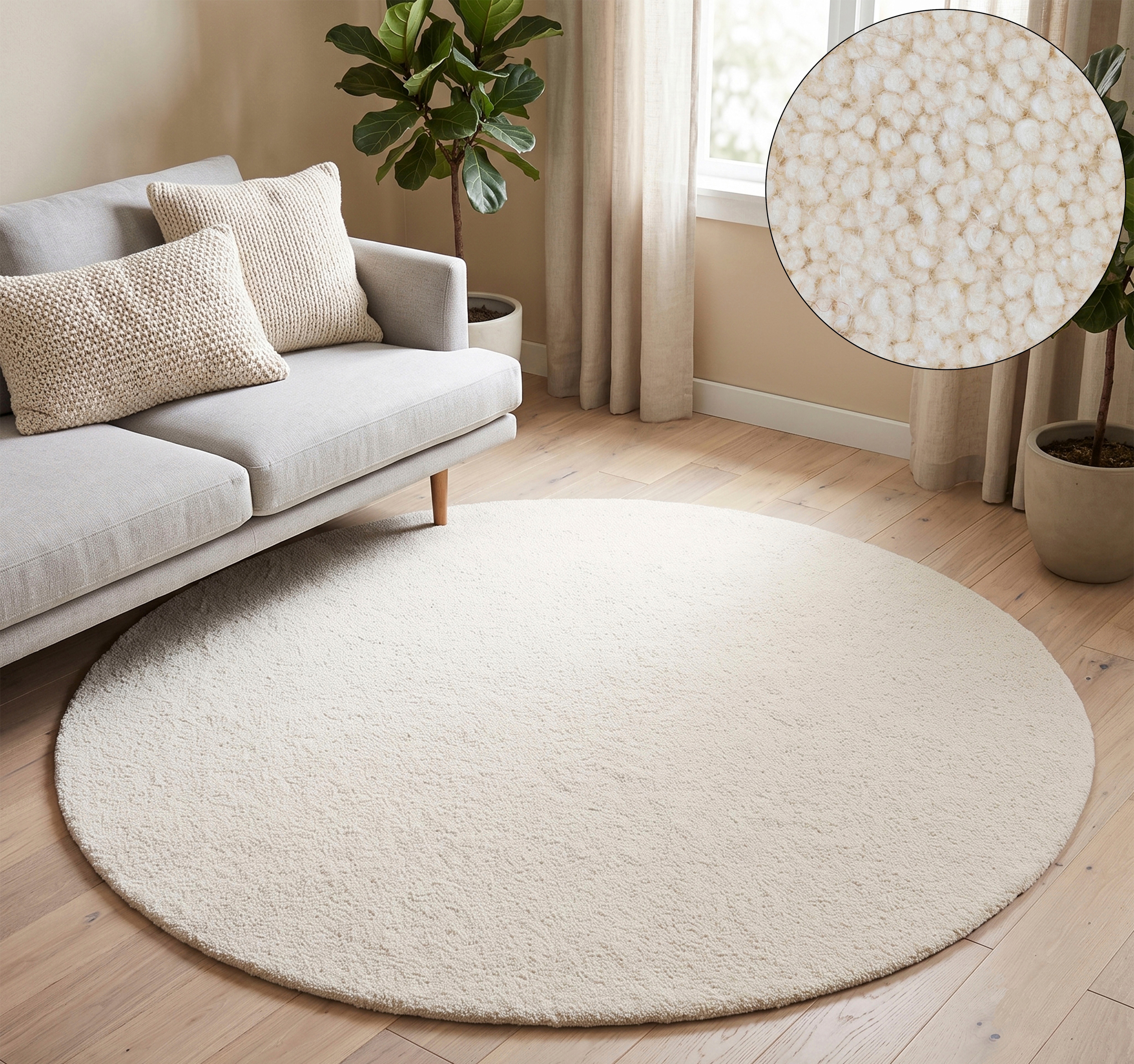 THEKO "Royal Berber Uni" rund 18 mm Höhe Berber Optik, reine Wolle, ideal im Wohnzimmer & Schlafzimmer