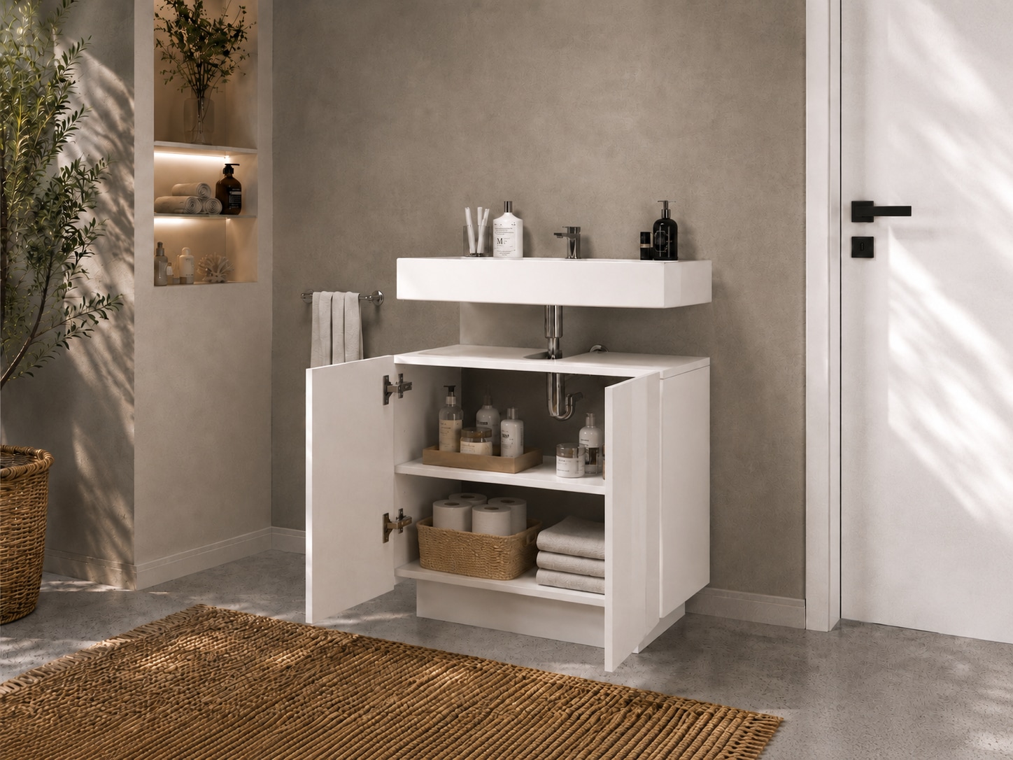 welltime Waschbeckenunterschrank »Vela,Breite 60cm, 2 Türen, 2 Fächer, mit Siphonausschnitt, lackiert« 1 Stk. tlg. Waschbeckenunterschrank,Waschtisch,Design mit schrägen Türen