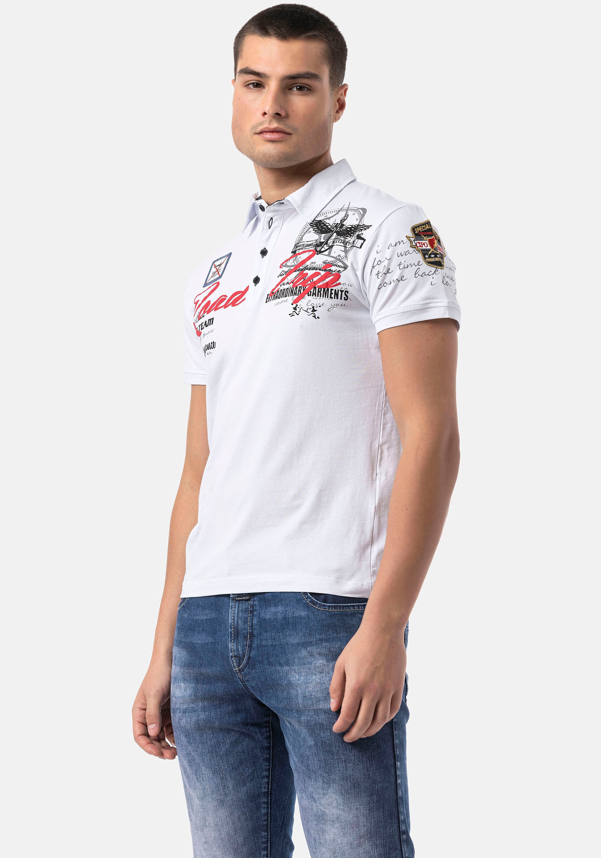 Poloshirt CIPO & BAXX, Herren, Gr. S, weiß, Jersey, Obermaterial: 95% Baumwolle, 5% Elasthan, bedruckt, regular fit normal, Shirts 3