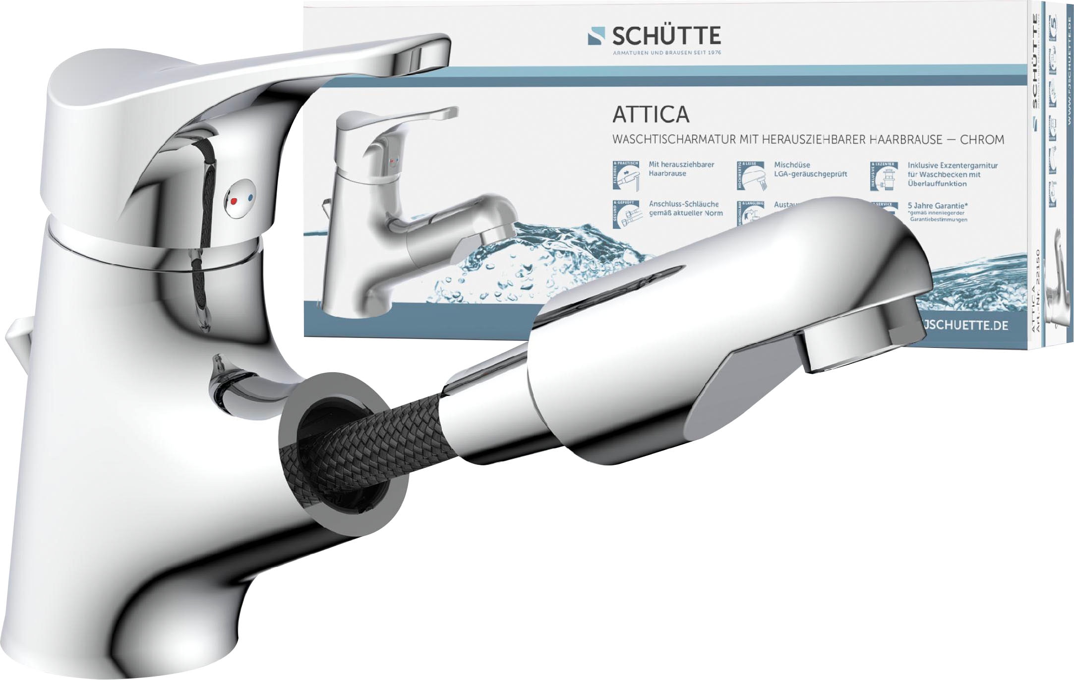 Schütte Waschtischarmatur »Attica«, (Set), mit herausziehbarer Brause und Zugstange, Wasserhahn, Mischbatterie