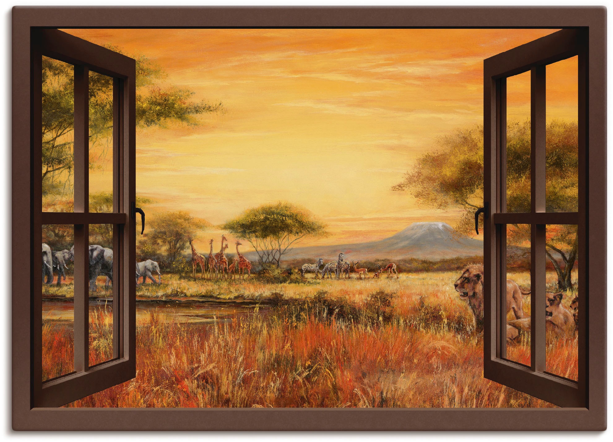 Artland Wandbild "Fensterblick Afrikanische Steppe Löwen", Fensterblick, (1 St.), als Leinwandbild, Wandaufkleber in ver