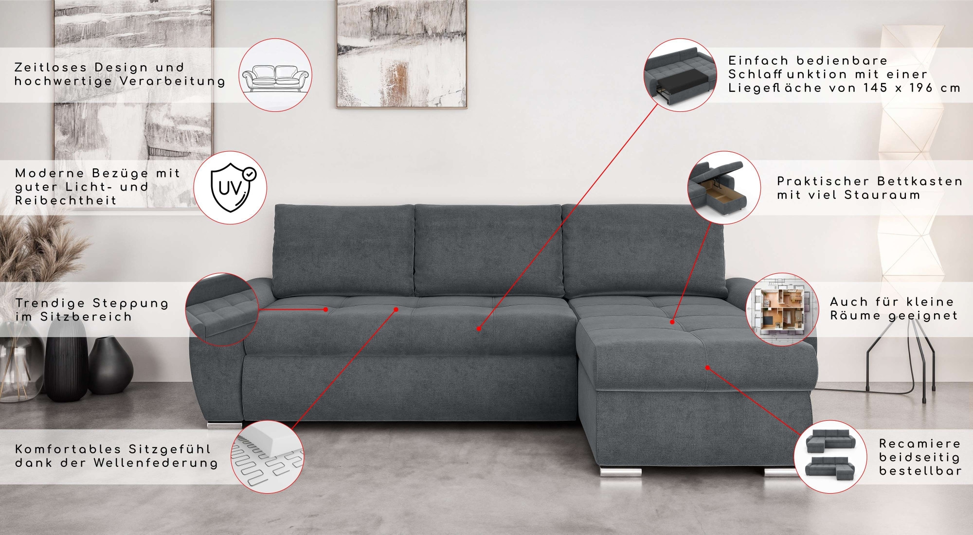 INOSIGN Ecksofa »HAVERHILL Schlafsofa mit Bettkasten, Maße B/H/T: 237/89/166 cm«, L-Form mit Recamiere links oder rechts bestellbar, Wellenunterfederung