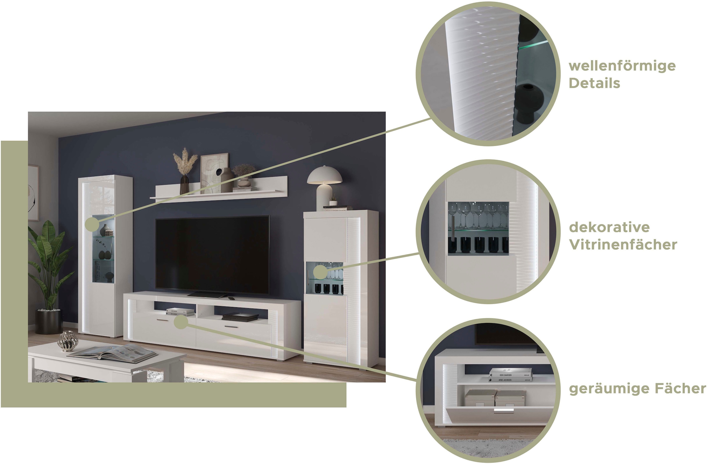 INOSIGN Wohnwand »Viborg, 3-teiliges Set, inkl. vertikaler Frontbeleuchtung, best. aus:«, (3 St.), 2x Vitrine und Sideboard, Wohnkombination, Wohnzimmer-Set, Esszimmer