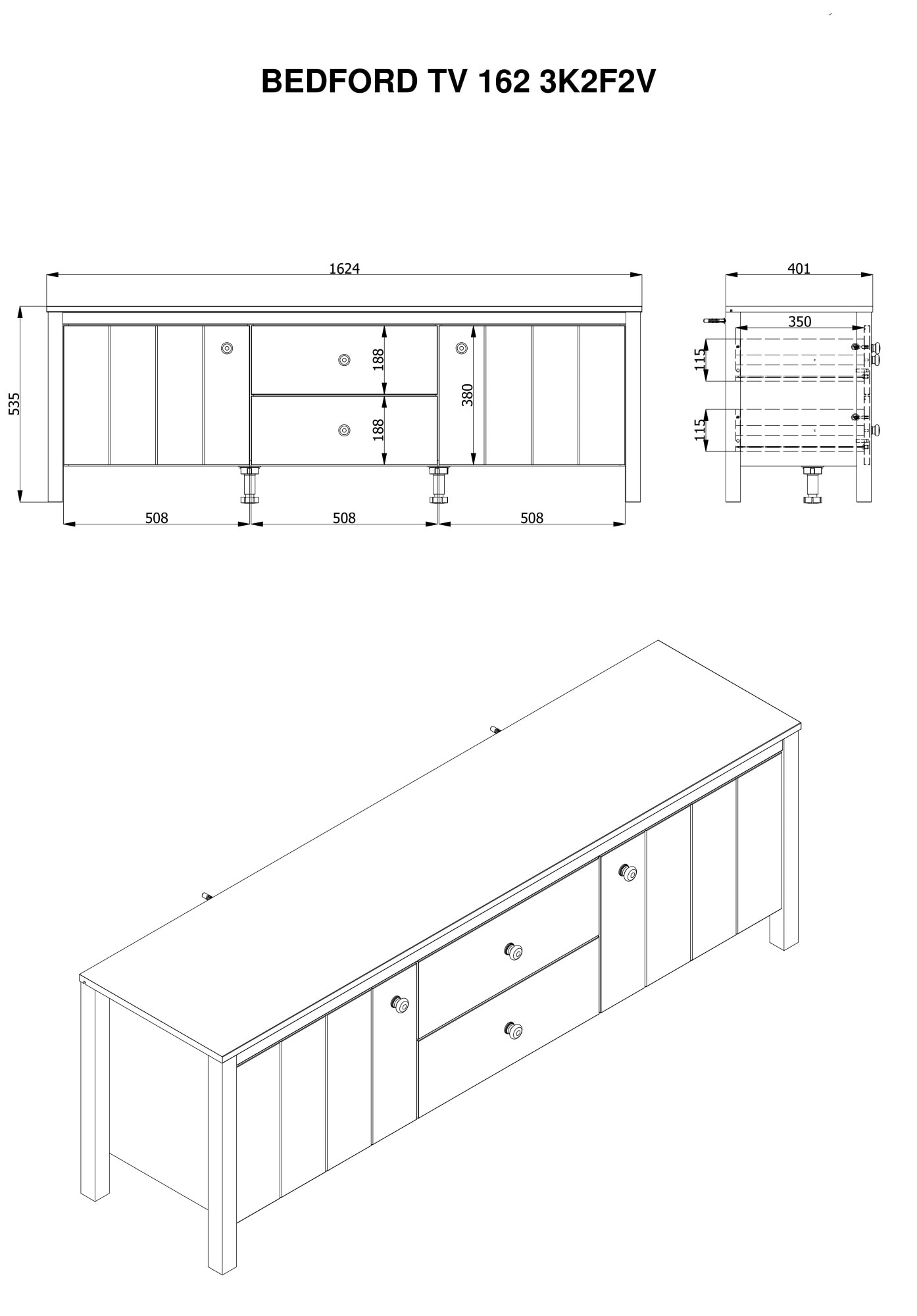 Home affaire Lowboard »BEDFORD, TV-Board, TV-Kommode, TV-Schrank, TV-Unterschrank, TV-Möbel« MDF-Profil 2D ummantelt, Hotstamping