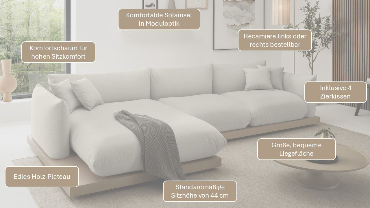 Thumbnail - OTTO home Ecksofa "Kalix, Polsterecke mit kräftigem Holz-Plateau, moderne Couch in L-Form" wahlweise Recamiere links o. ...