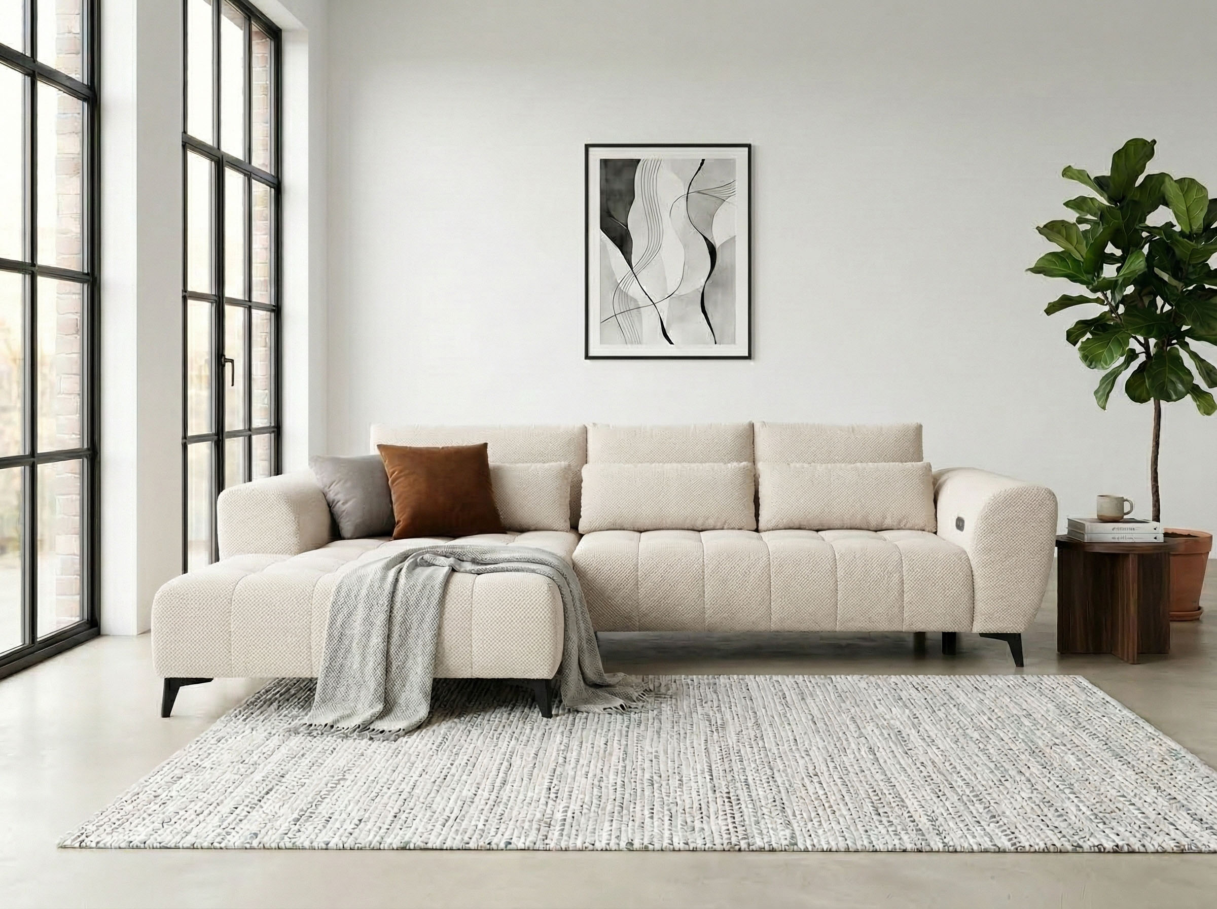 WERK2 Ecksofa "Garay 287 x 220 cm modern und bequem" Waffelcord, L-Form, XXL, elektrische Sitztiefenverstellung