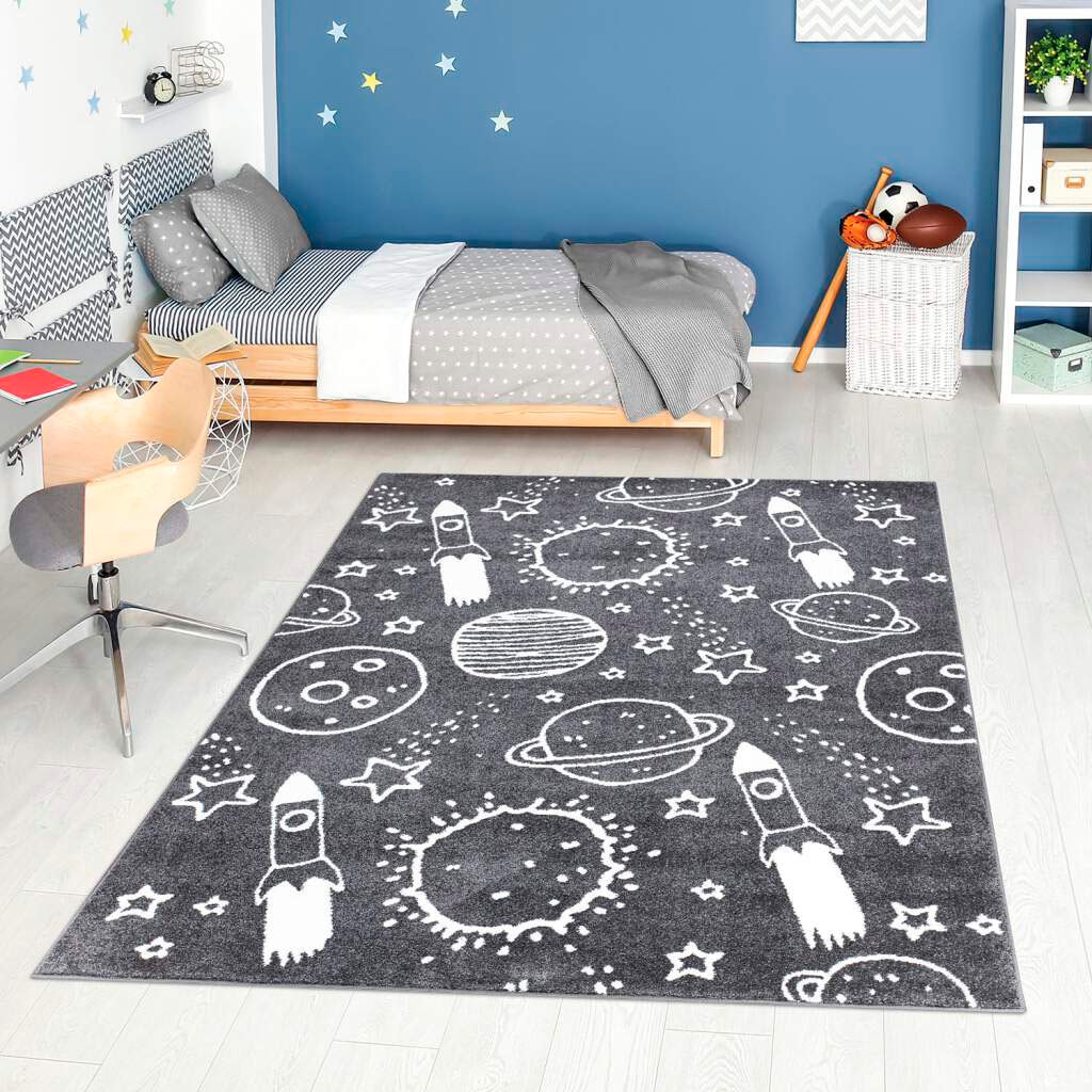 Carpet City Kinderteppich "ANIME912", rechteckig, 11 mm Höhe, Kinderzimmer Teppich Modern mit Mond, Blumen, Wolken, Crem