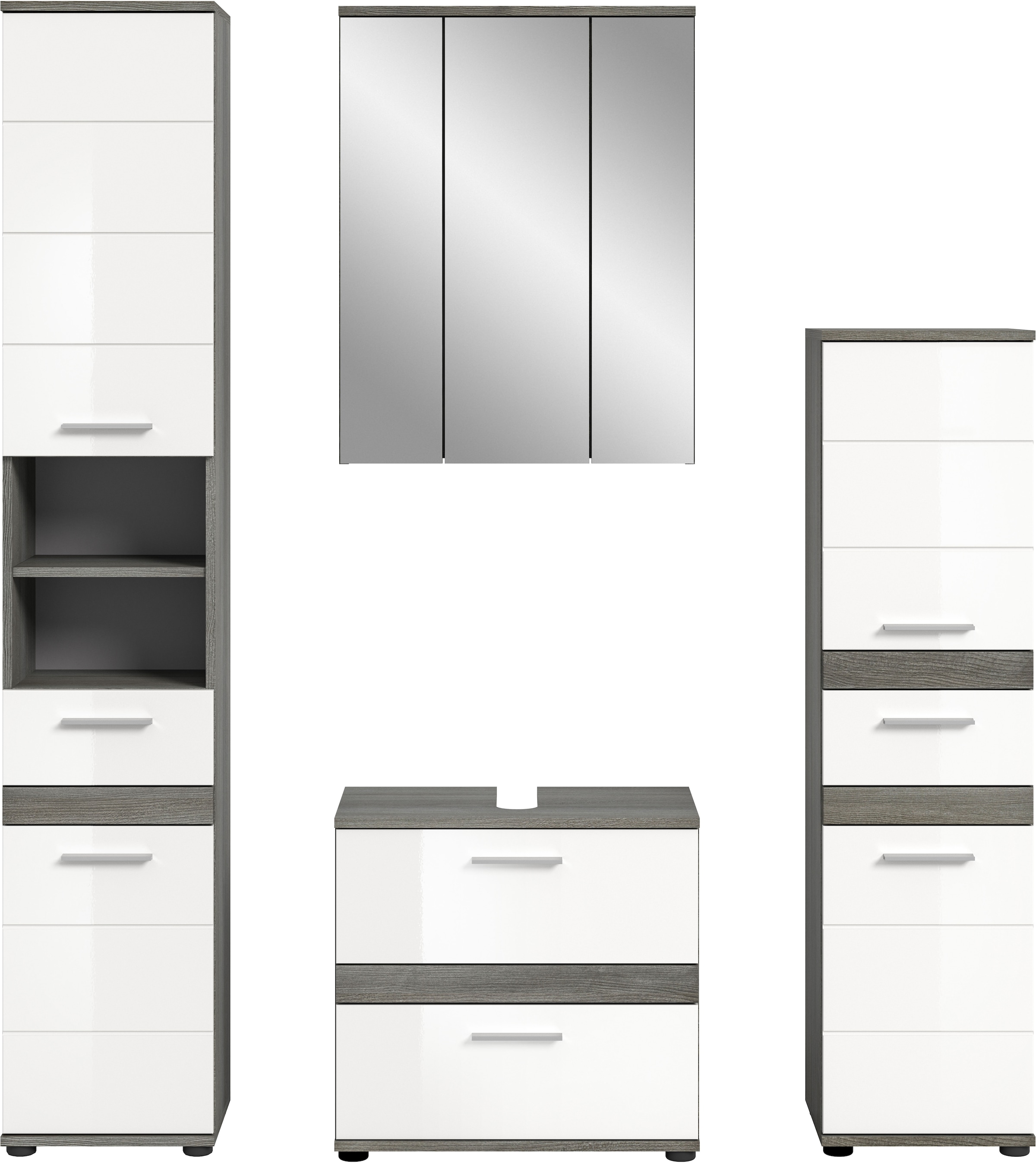 welltime Badmöbel-Set »LUCCA, 4-teilig, TOPSELLER!, MDF Hochglanzfront, bestehend aus:«, (Set, 4 St.), Hochschrank, Waschbeckenunterschrank, Spiegelschrank, Standschrank