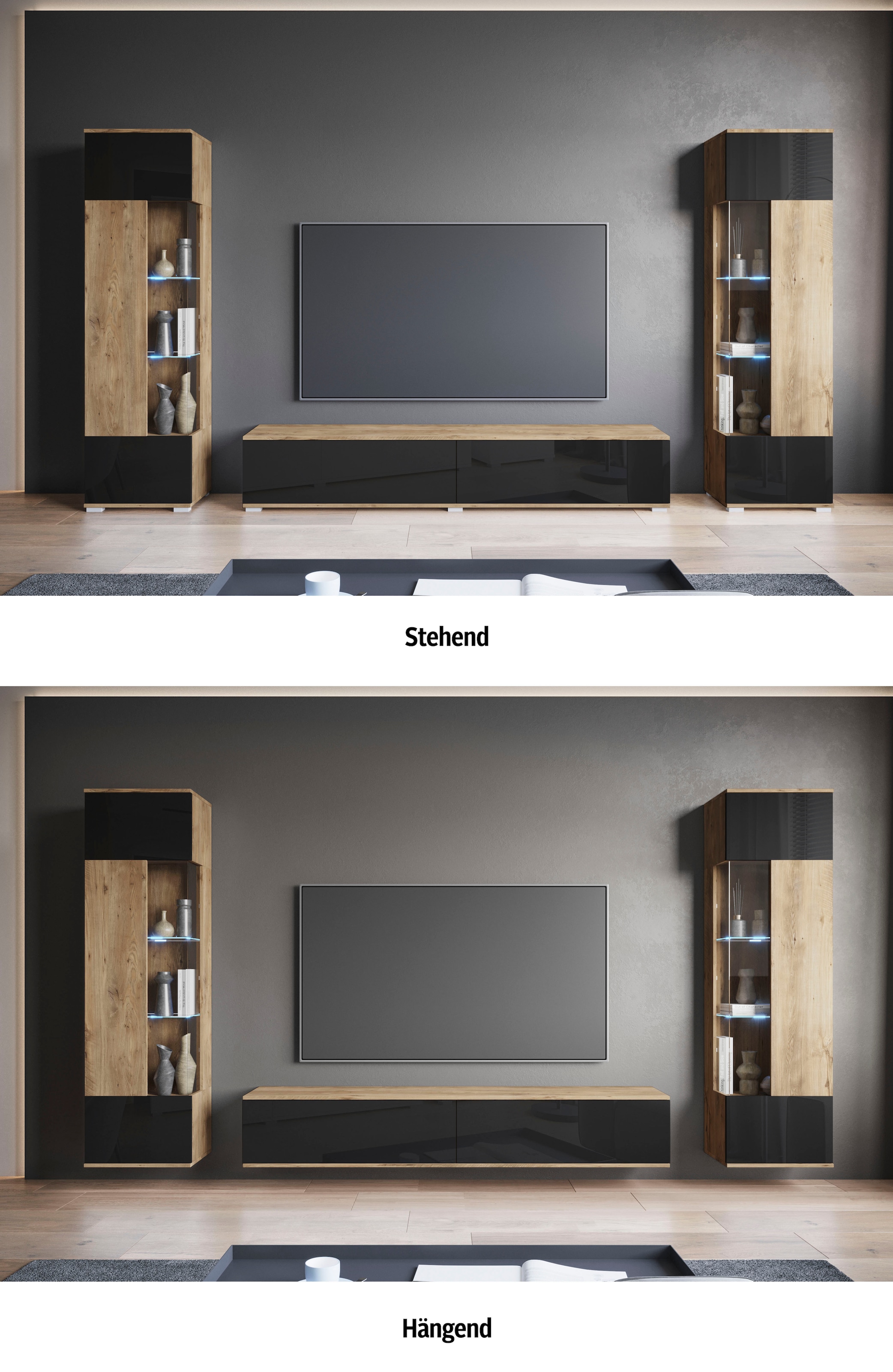 INOSIGN Wohnwand »Kenia, Vitrine Türanschlag links/rechts wechselbar«, (3 St.), Vitrinen mit Eckverglasung, hängend und stehend montierbar