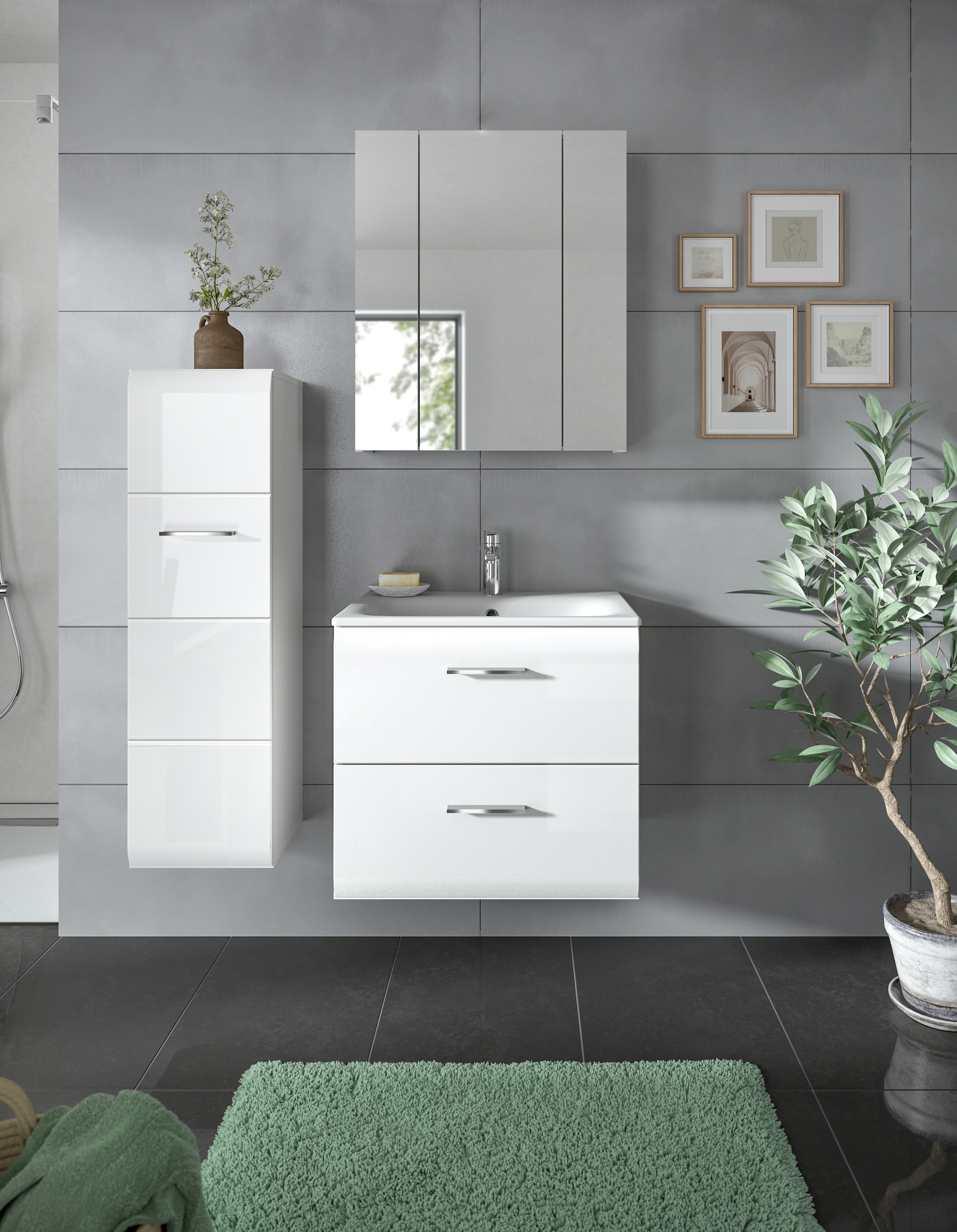 INOSIGN Badezimmer-Set, (Set, 4 St.), Florenz, Badkombination 4-tlg.,Weiß hochglanz, inkl. Waschbecken