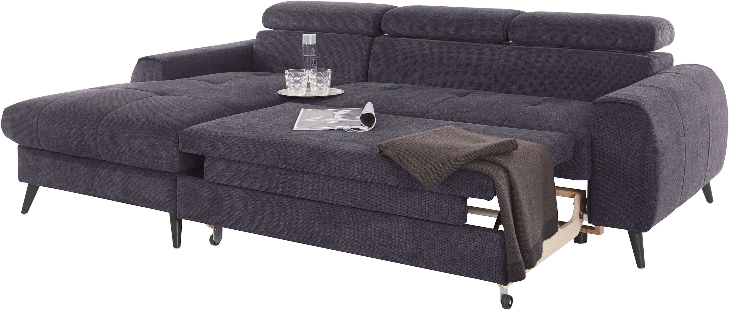 COTTA Ecksofa »Mia L-Form mit 3 Zierkissen«, wahlweise mit Bettfunktion, Bettkasten, Beleuchtung & Wireless-Charger