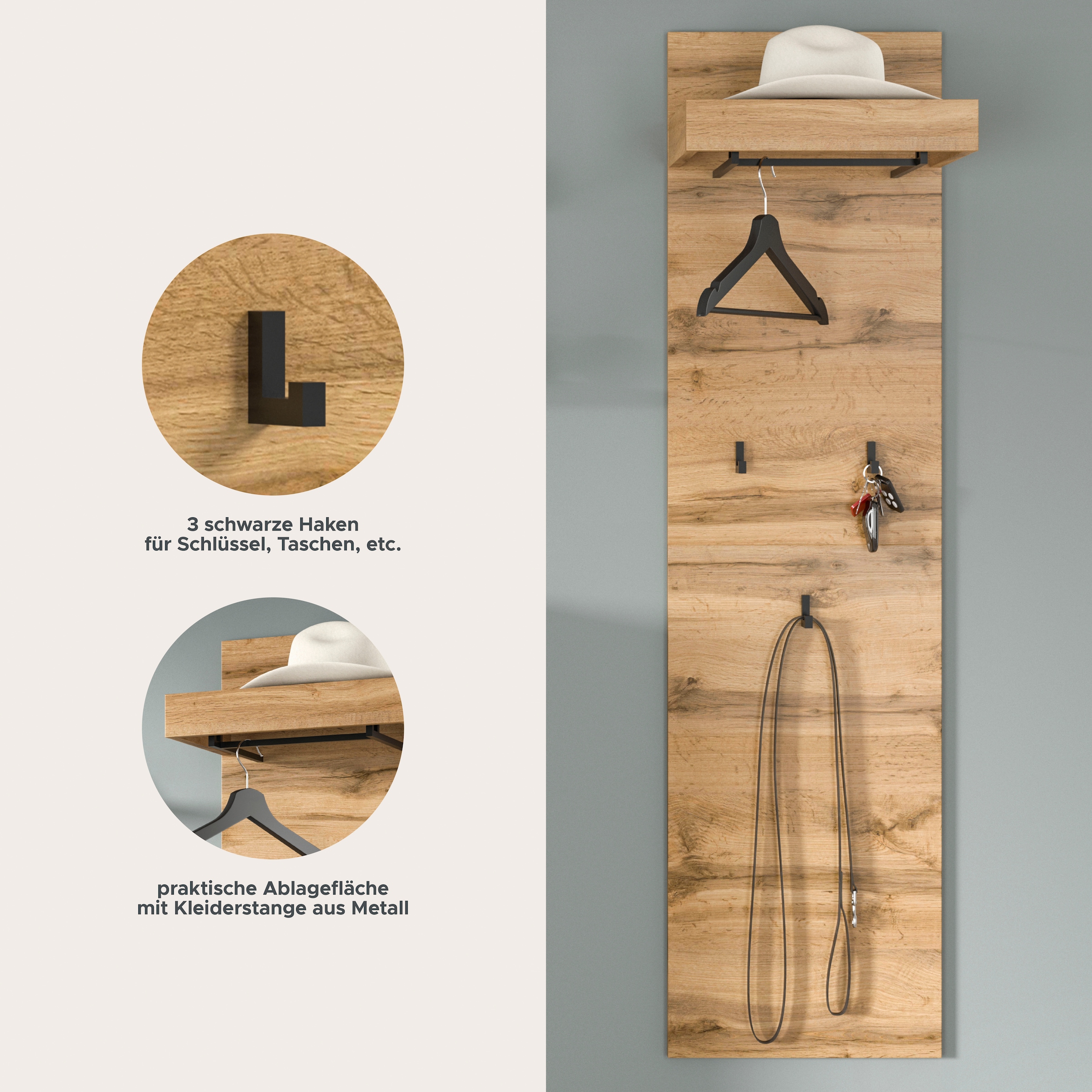 OTTO home Garderobenpaneel »MAMBO II, Höhe 150cm, 1 Kleiderstange & Hutablage, 3 Haken« individuell mit weiteren Artikeln der Serie MAMBO kombinierbar, 1 Stk. tlg. Paneel, Garderobe, Flur, Diele, Hakenleiste, Flurgarderobe