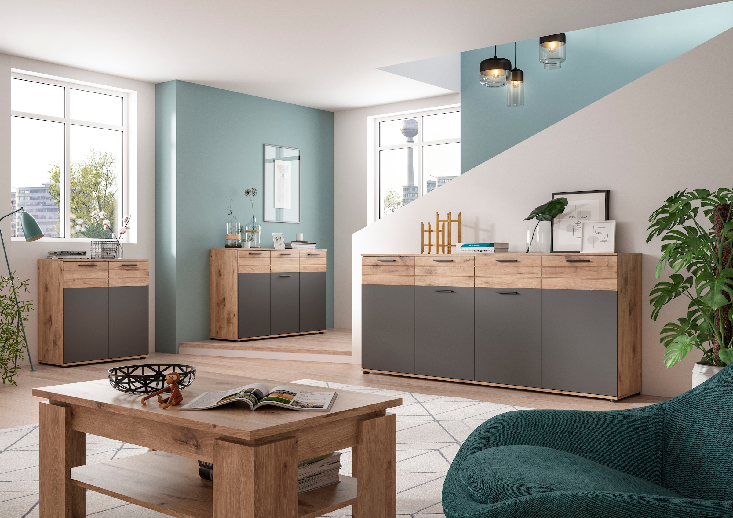 INOSIGN Sideboard »Riga, Breite 120cm, 3 Türen, 1 Schubkasten, 5 Einlegeböden, 8 Fächer«, hochwertige Rillenfräsung, mit Softclose, Kommode, Anrichte, Schrank