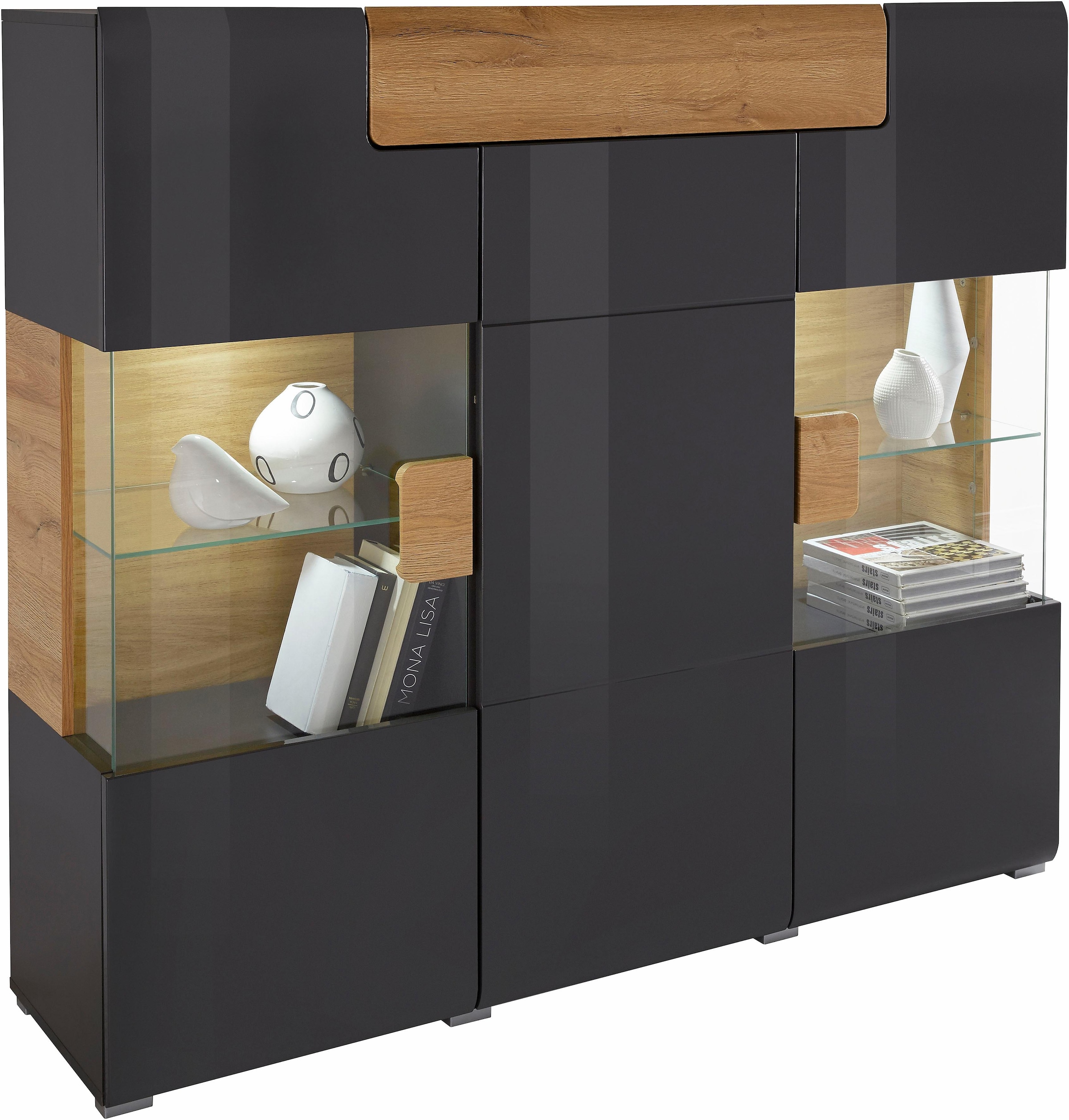 INOSIGN Highboard »Toledo,Breite 147,5cm,trendige Hochkommode mit 3Türen und Schublade«, Hochschrank mit Glas-Partien,stylische Hochglanzfronten