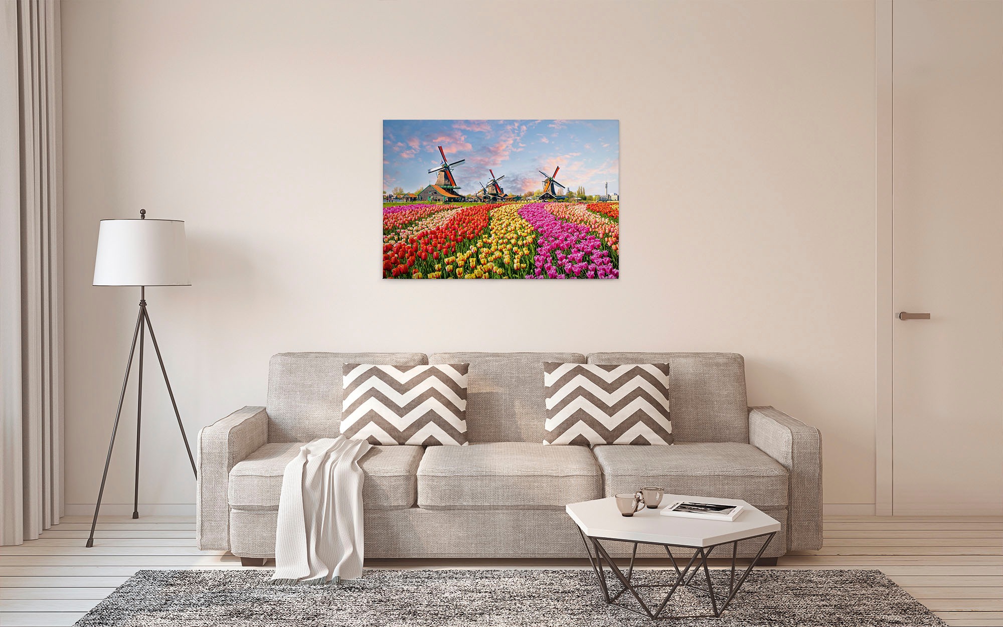 A.S. Création Leinwandbild »Zaanse Schans«, Kunst-Landschaft-Kinder, (1 St.), Keilrahmen Blumenfeld Tulpenfeld Holland Leinwand-Bild Wohnzimmer Wand