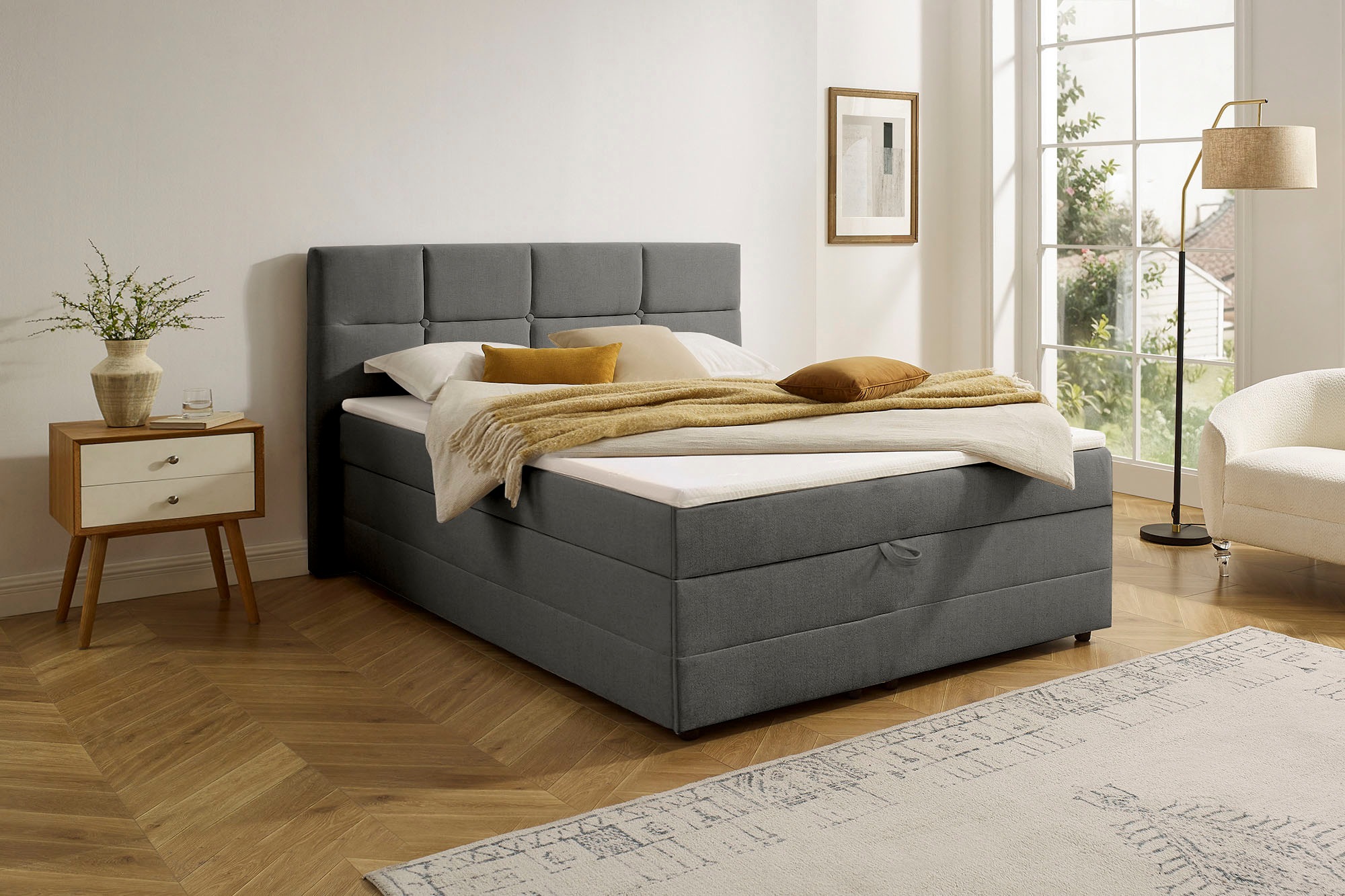 OTTO home Boxbett "FILLMORE, Polsterbett mit Bettkasten und Taschenfederkernmatratze H3" mit Kaltschaumtopper, Strukturstoff-Bezug, 140x200 & 180x200 cm