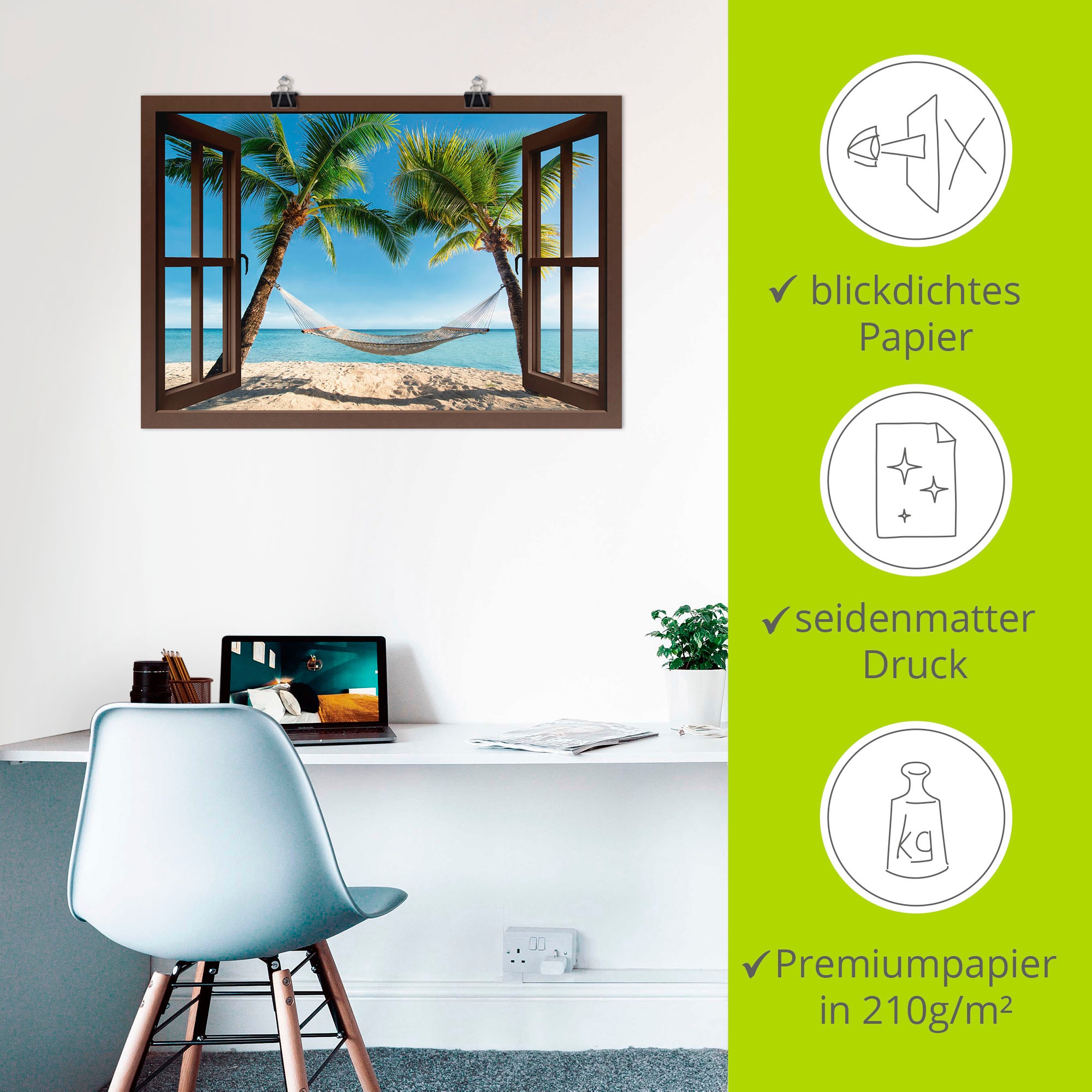 Artland Wandbild »Fensterblick Palmenstrand Karibik«, Amerika, (1 St.), als Leinwandbild, Poster, Wandaufkleber in verschied. Größen