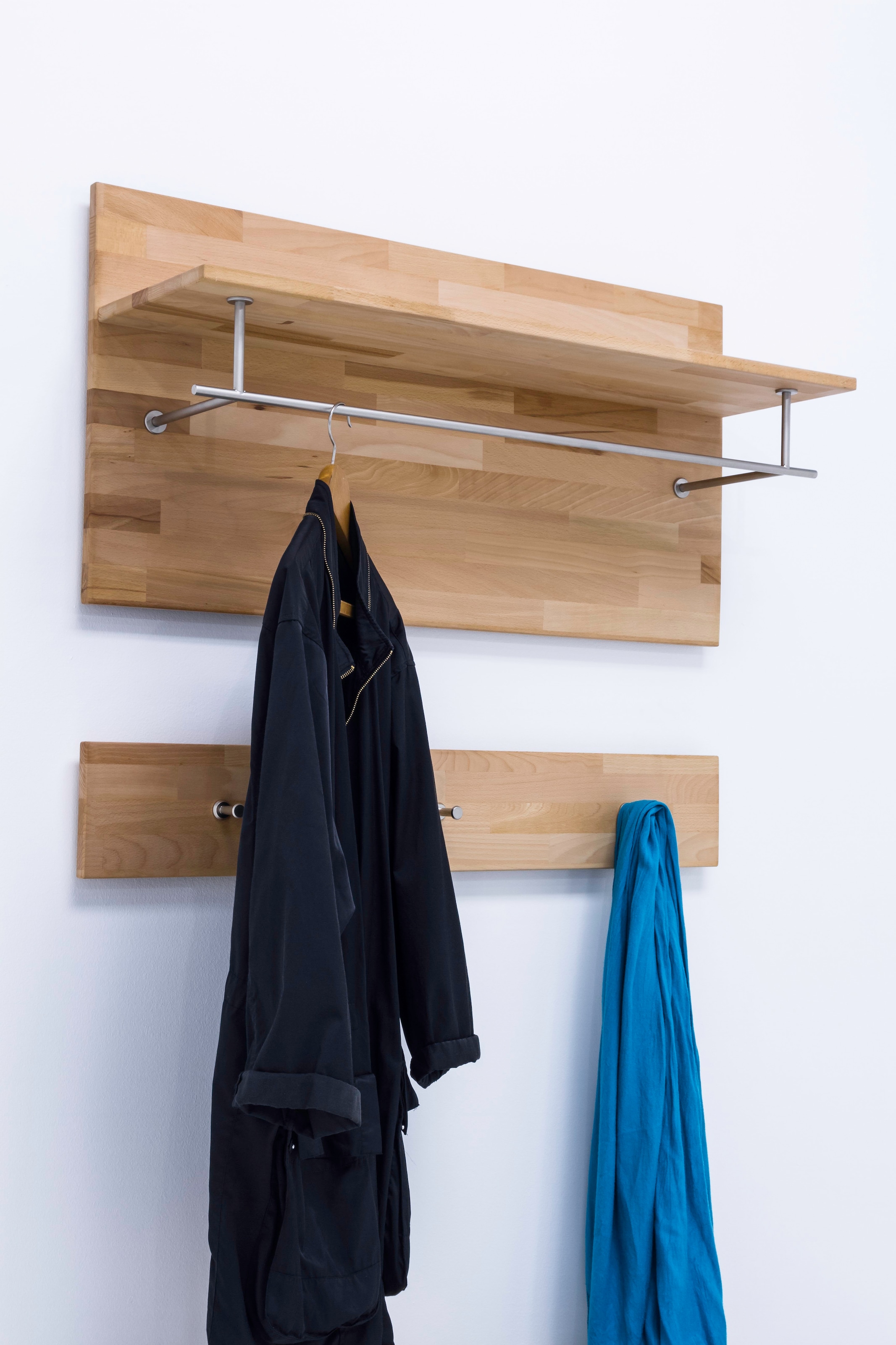 MCA living Garderobenpaneel »Fenja Paneel mit Boden, Schlüsselpaneel, Wandpaneel, Wandboard«, (Set, 1 St.), Massivholz, Kernbuche, Haken, Kleiderstange, Ablageboden,Breite 100 cm