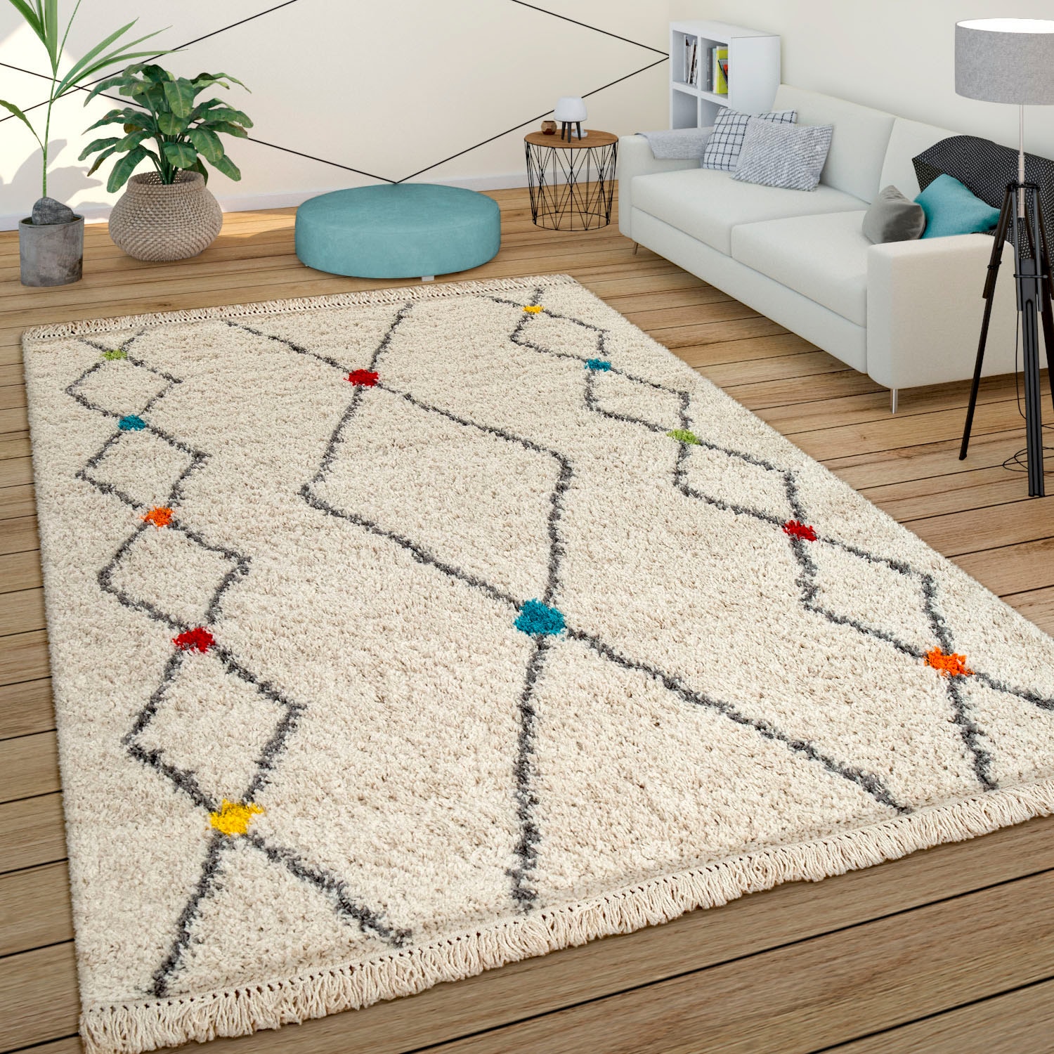 Paco Home Teppich »Wooly 282«, rechteckig, 39 mm Höhe, Hochflor-Shaggy, Scandi-Muster, mit Fransen, Wohnzimmer