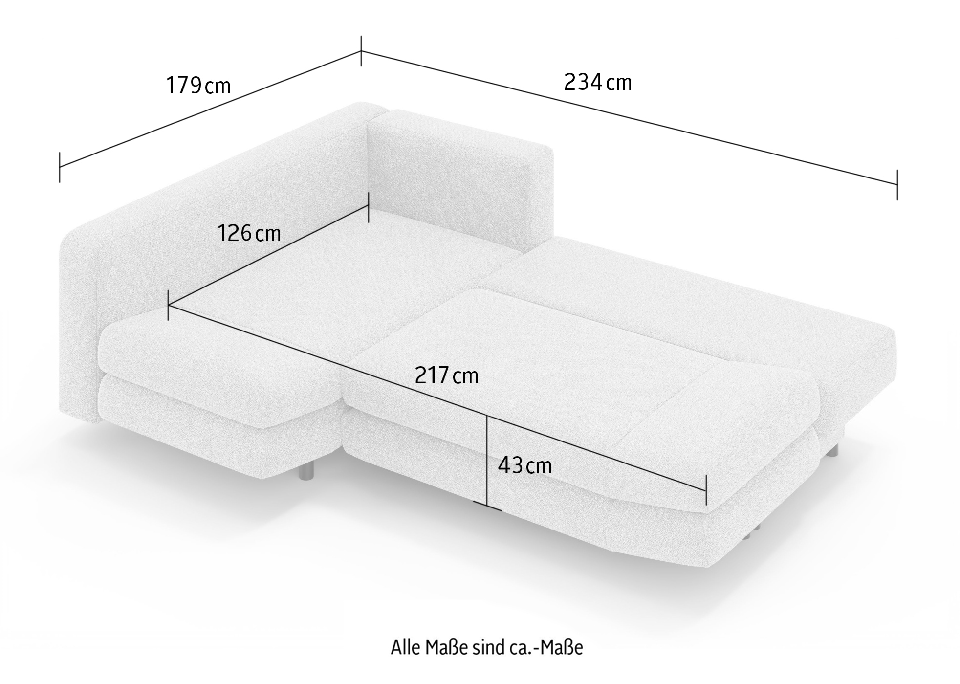 Home affaire Ecksofa »LENNARA Schlafsofa mit Bettkasten, Maße B/T/H: 234/179/85 cm«, L-Form mit Ottomane rechts/links, mit Wellenunterfederung