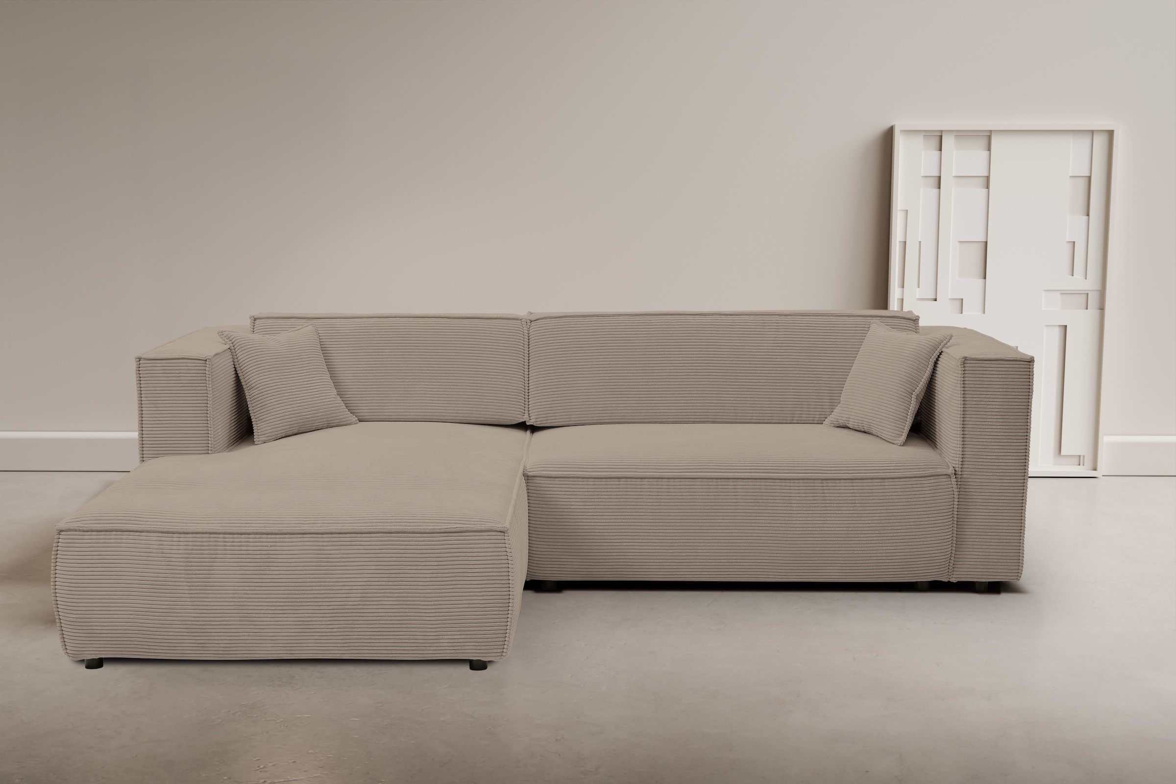 WERK2 Ecksofa "Atlanta-New 295 x 182 cm modern und bequem" Cord, L-Form, XXL, Schlaffunktion, Bettkasten