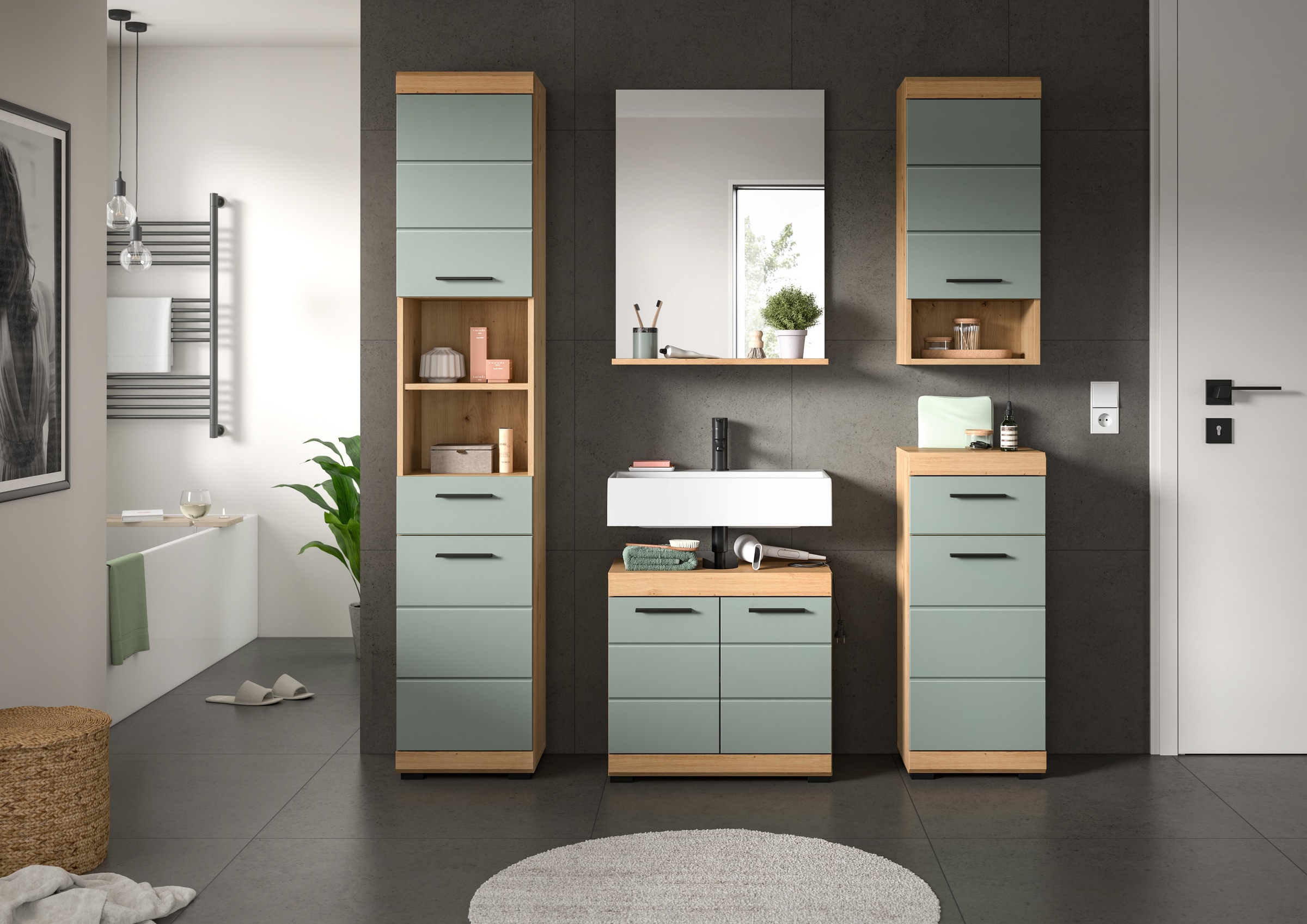 INOSIGN Badmöbel-Set »Siena, 5 teilig, bestehend aus:«, (Set, 5 St.), Hochschrank, WBU, Spiegel, Unterschrank, Hängeschrank