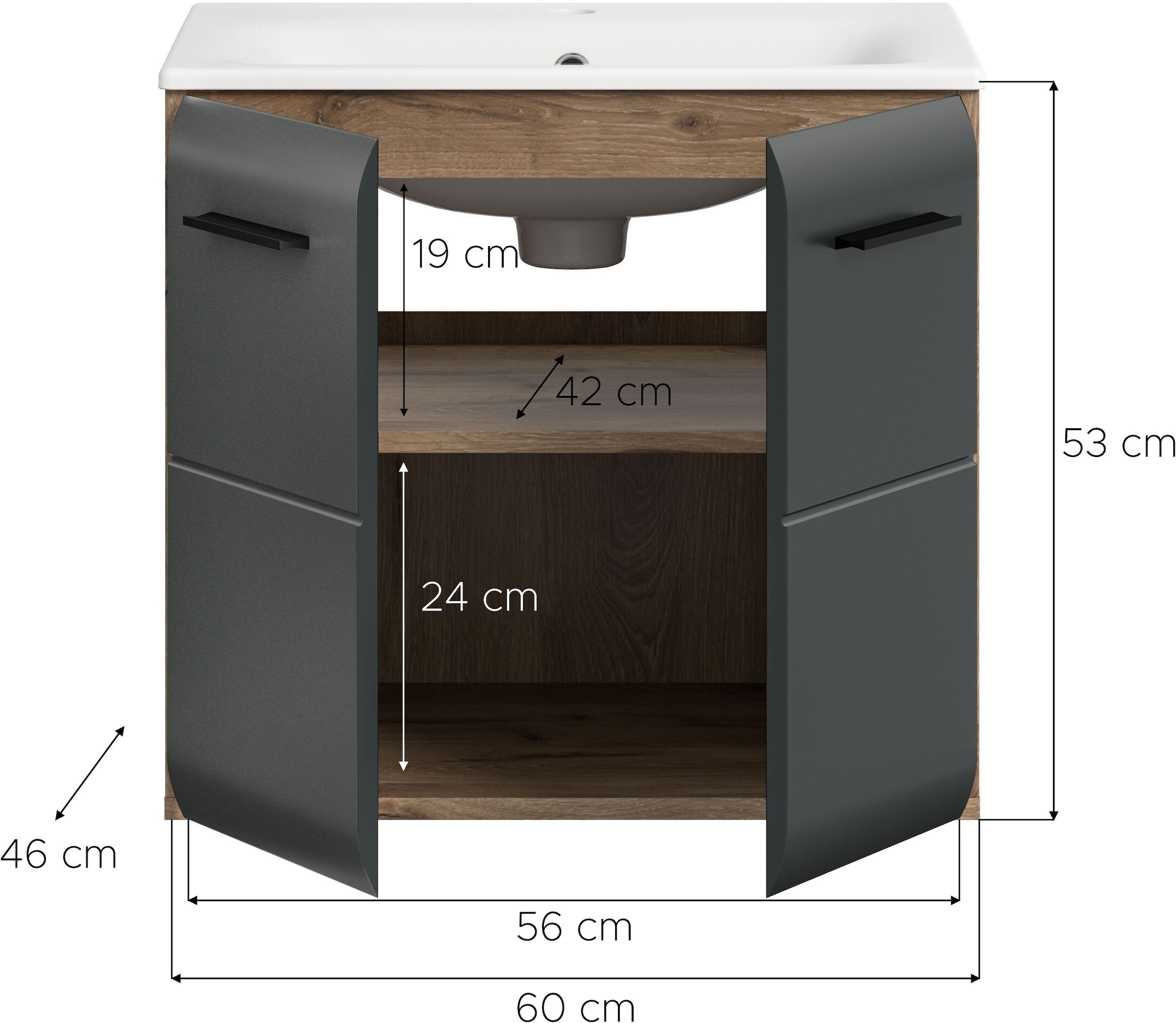 INOSIGN Waschbeckenunterschrank 2 Stk. tlg. Florenz, Waschtisch inkl. Waschbecken, Nox Oak NB, 60 cm breit