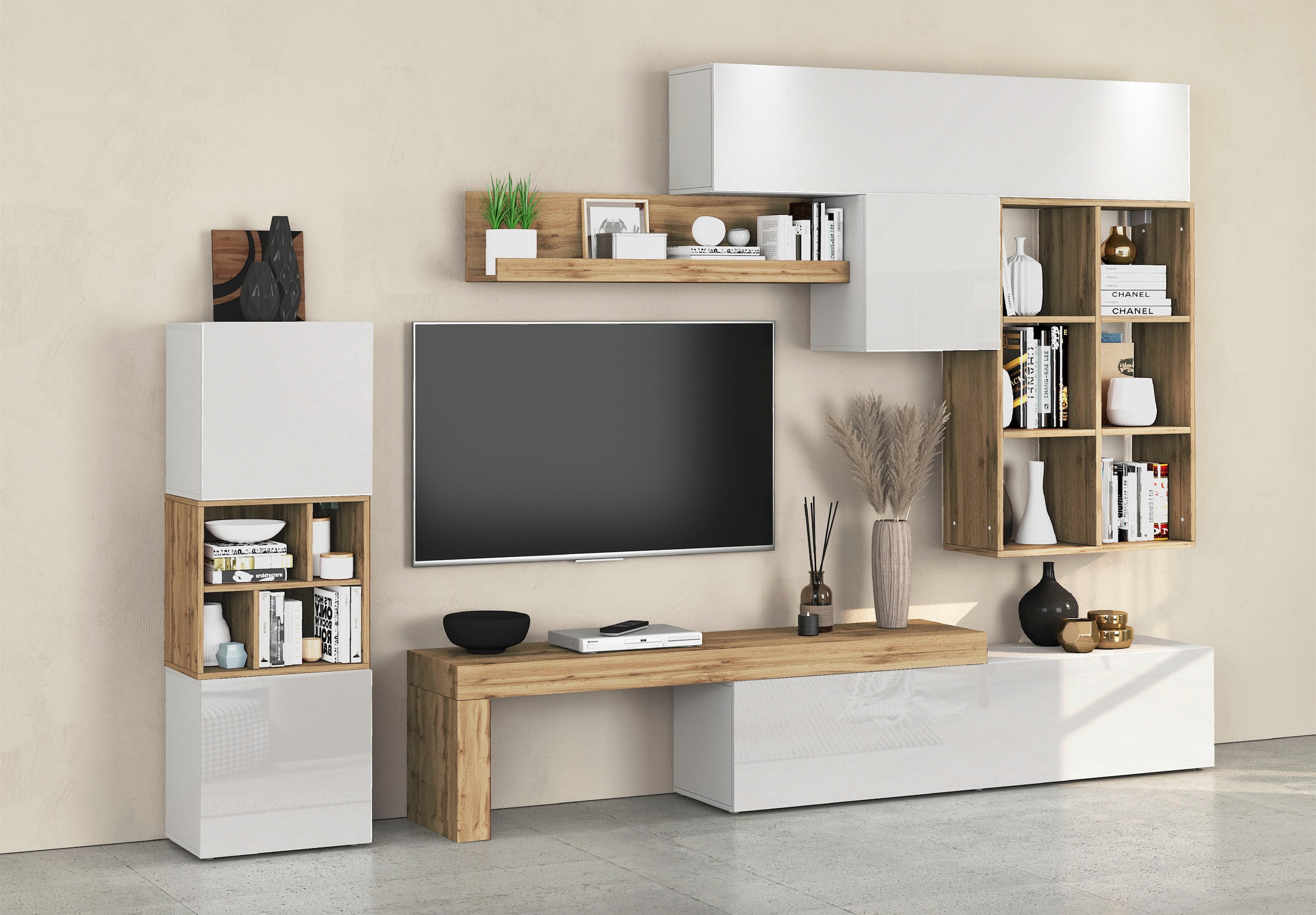 INOSIGN Wohnwand »Chronos Wohnwand, Medienwand, 8-er set«, (Set, 8 St.), ca. 320 cm mit Hängeschränke, Würfel, Regal, Lowboard, Made in Italy