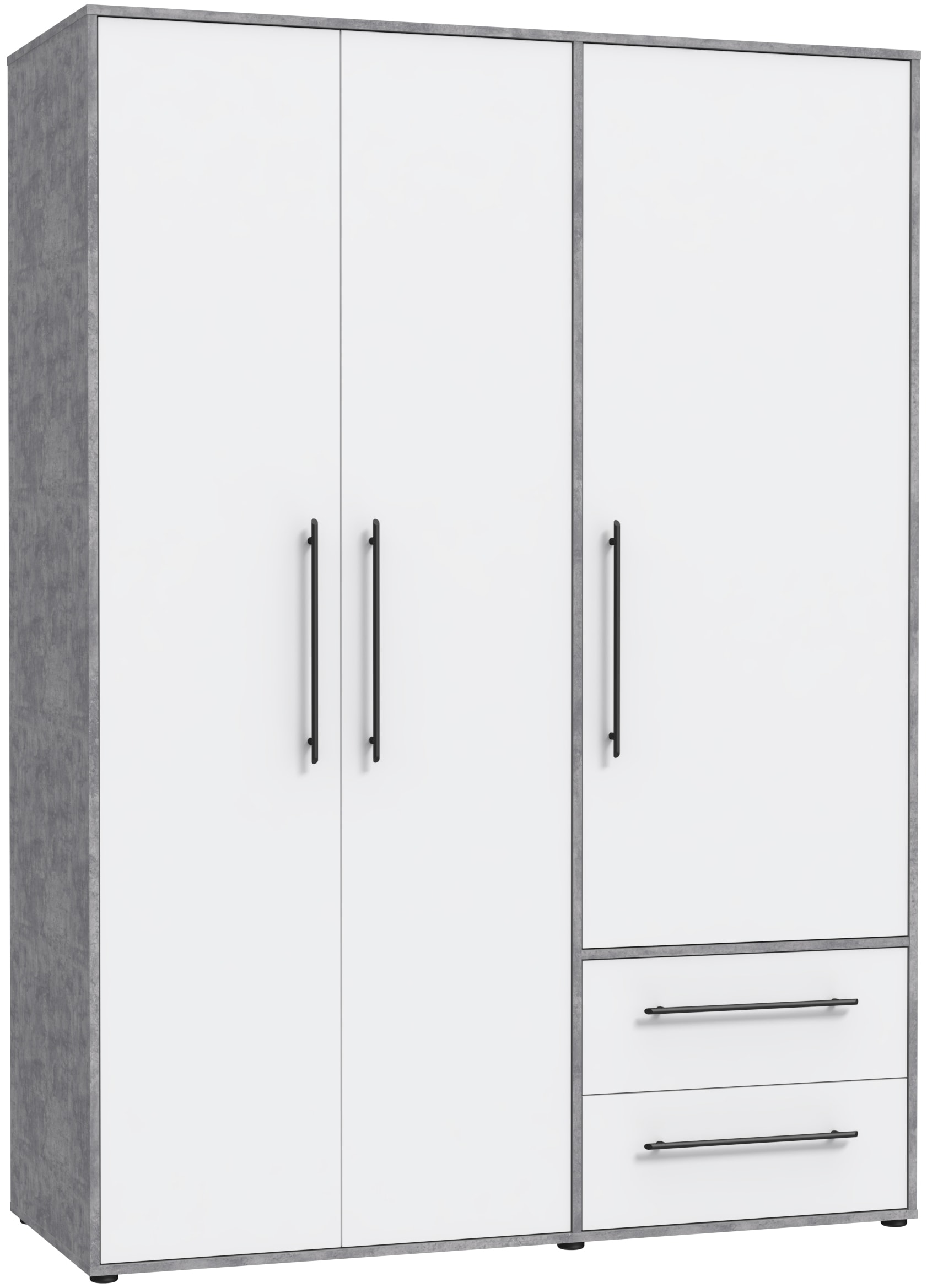 FORTE Kleiderschrank "Mokkaris, Garderobe, zeitloses Design, 3 Türen, Made in Europe" B/H/T ca. 144x200x59cm, Zwei Schubladen, schwarze Stangengriffe, Stauraum, auch in Schwarz