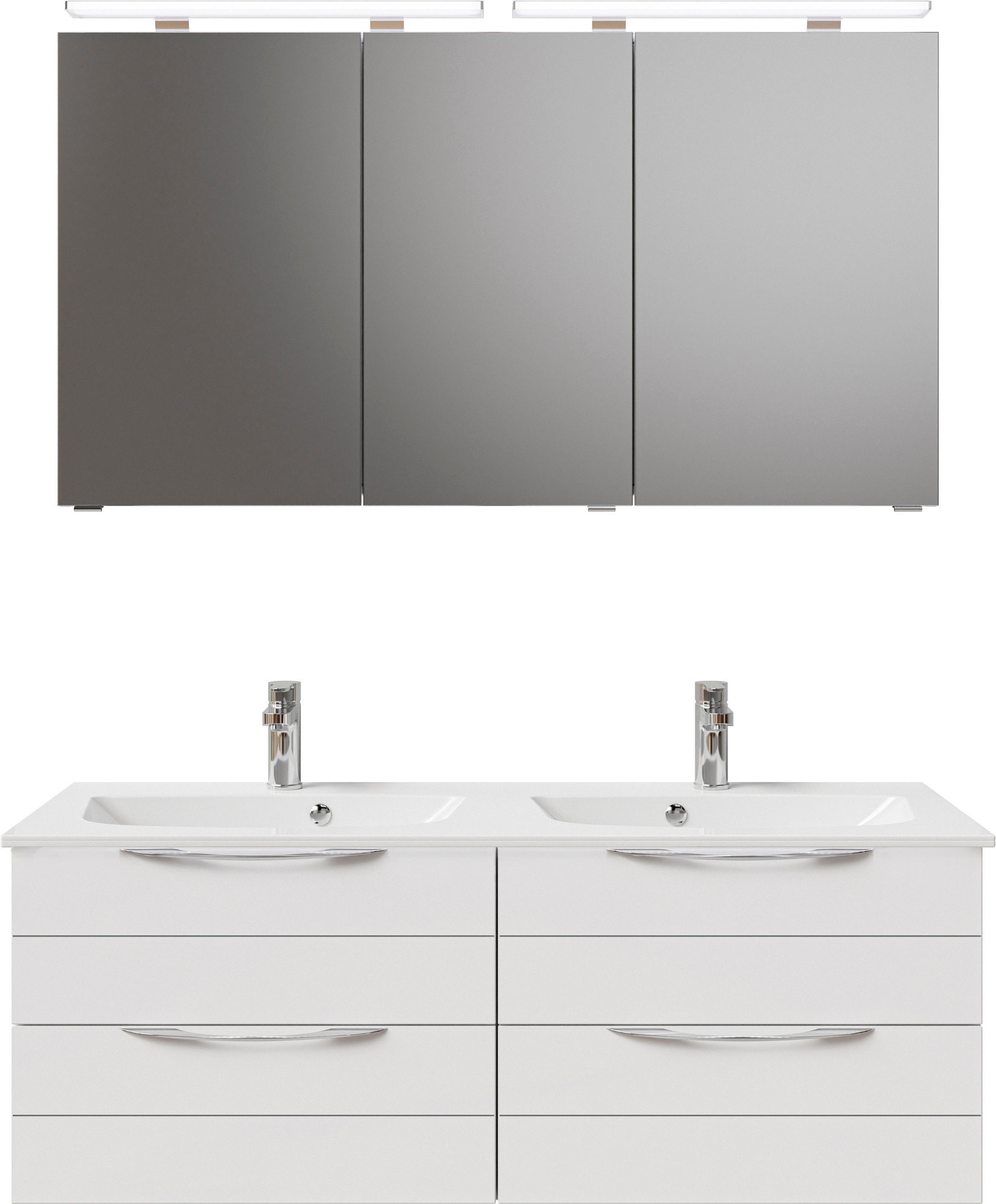 Saphir Badmöbel-Set »Serie 6025 2-teilig Mineralmarmor-Waschtisch mit LED-Spiegelschrank«, (2 St.), Waschplatz 132cm breit, 4 Schubladen, 2 Spiegel-Türen, inkl Türdämpfer