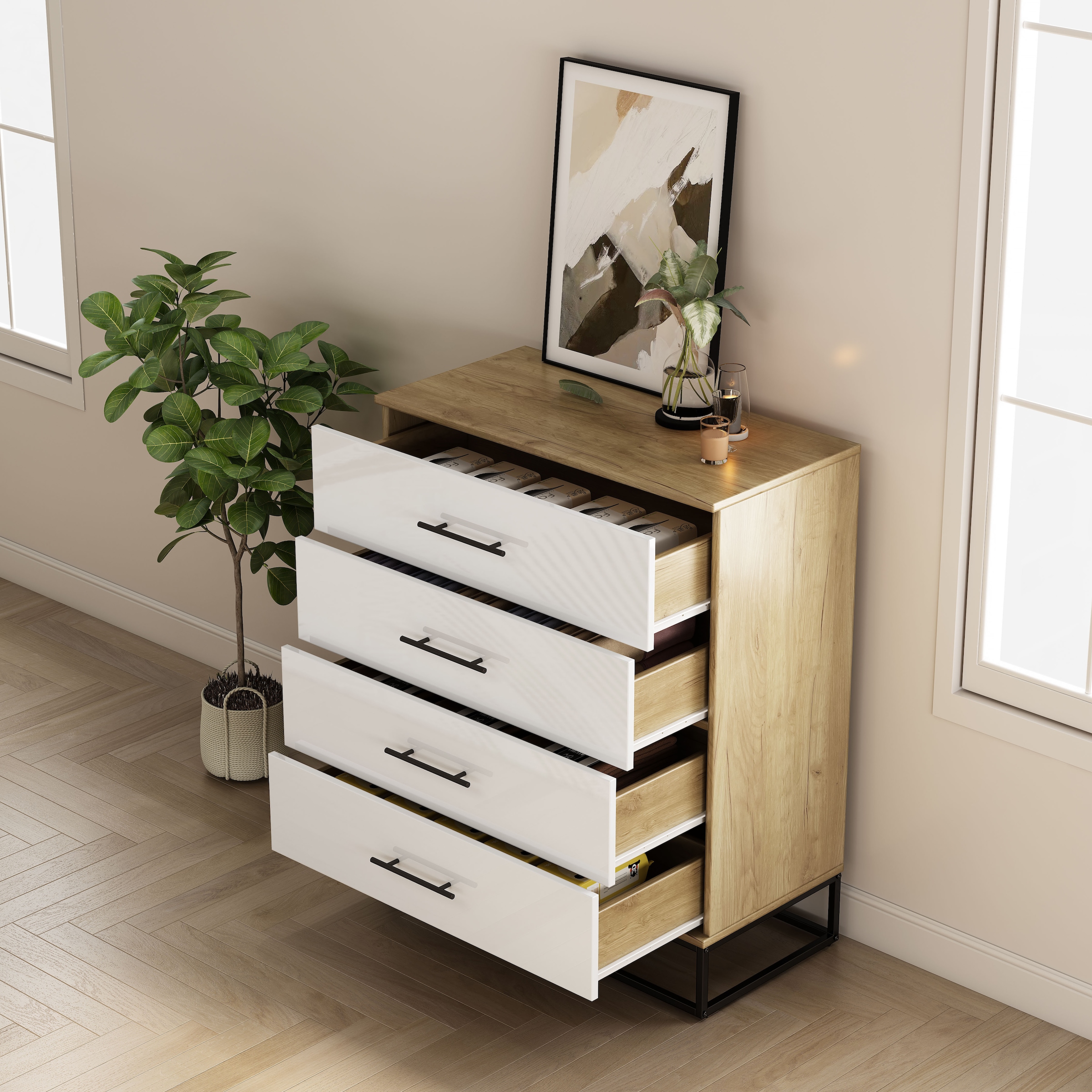 OTTO home Schubkastenkommode »Lucca Sideboard mit schwarzen Griffen 4 Schubladen Kufengestell« Hochwertige Hochglanzfronten in weiß,  Kommode Wäscheschrank im Loft Design mit 4 Schubladen