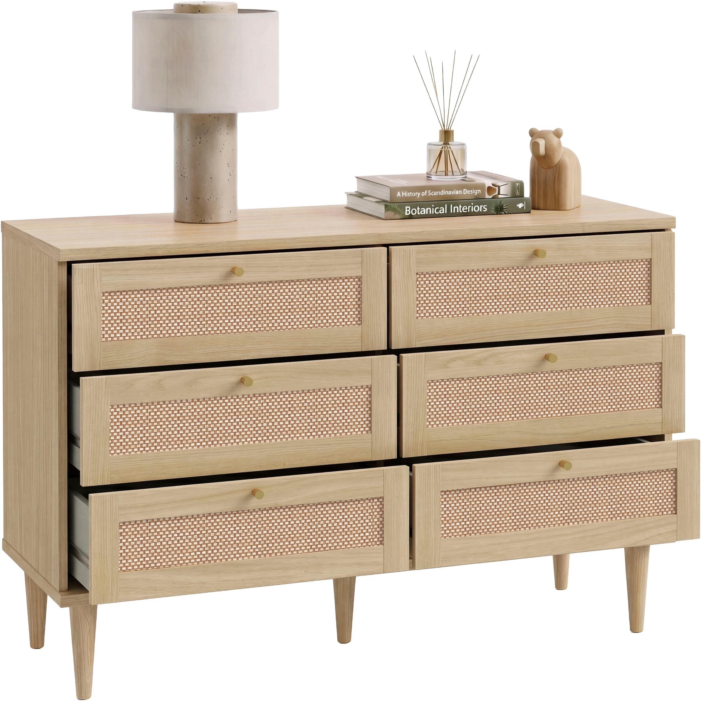 OTTO home Kommode »ELLIAN mit Wiener Geflechtoptik, 6 Schubkästen« Holzfüße, Metallgriffe, Made in EU, viel Stauraum