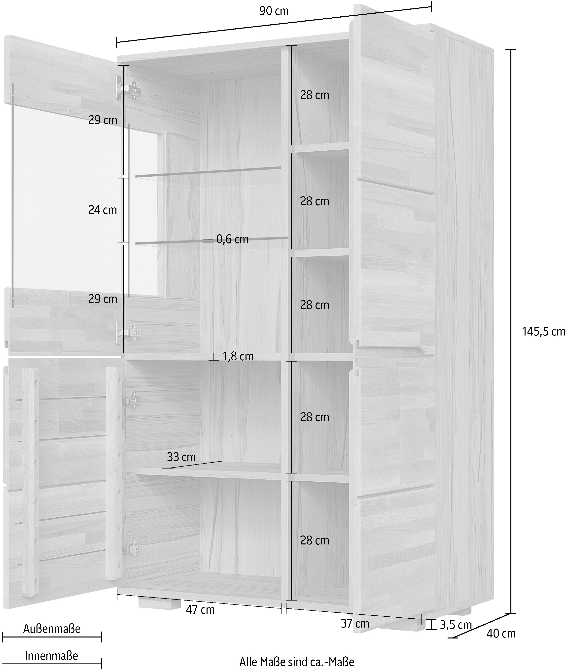OTTO home Vitrine »VETRO; massivholz fronten, Griffmulden, Wohnzimmer, Modern, Vitrine« B/T/H:90/40/145,5cm, 6 Variable einlegeboden, 10 Fächer, Teilmassiv