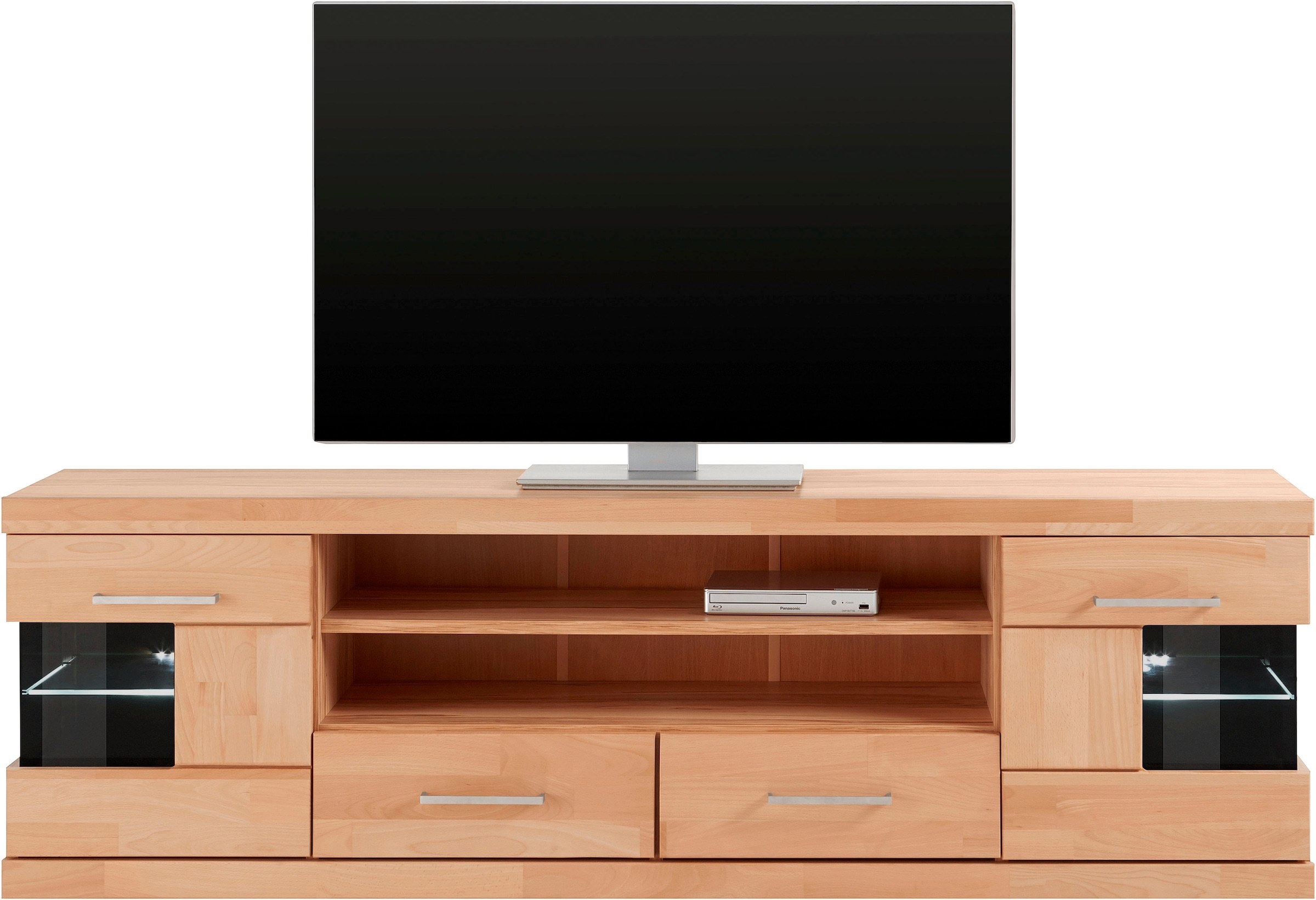 Home affaire Lowboard »Ribe,180cm breit, Fronten Massivholz,6 Fächer,Kabeldurchführung«, Korpus Holzwerkstoff,Glaseinsatz aus gehärtetem Glas,Böden versetzbar