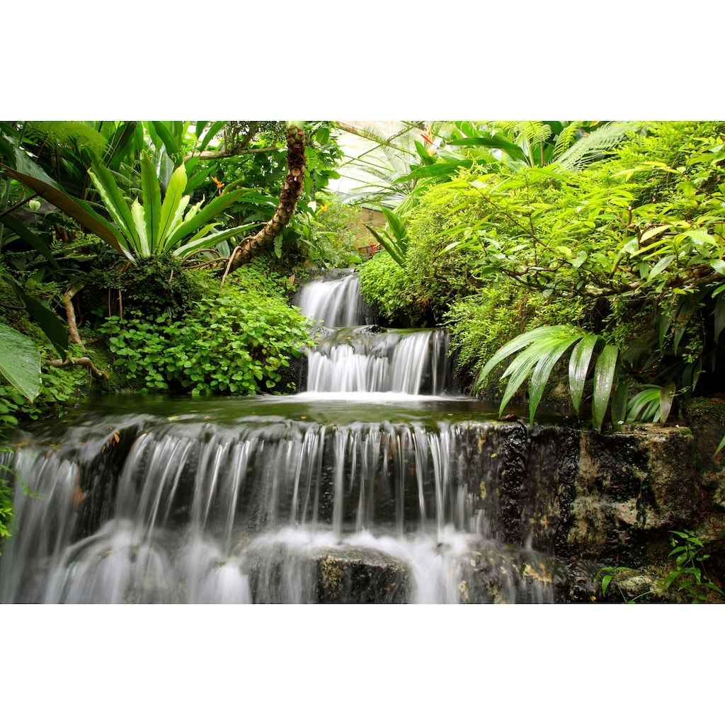 Papermoon Fototapete »WASSERFALL-BÄUME FLUSS SEE STEINE BLUMEN BERGE SONNE«