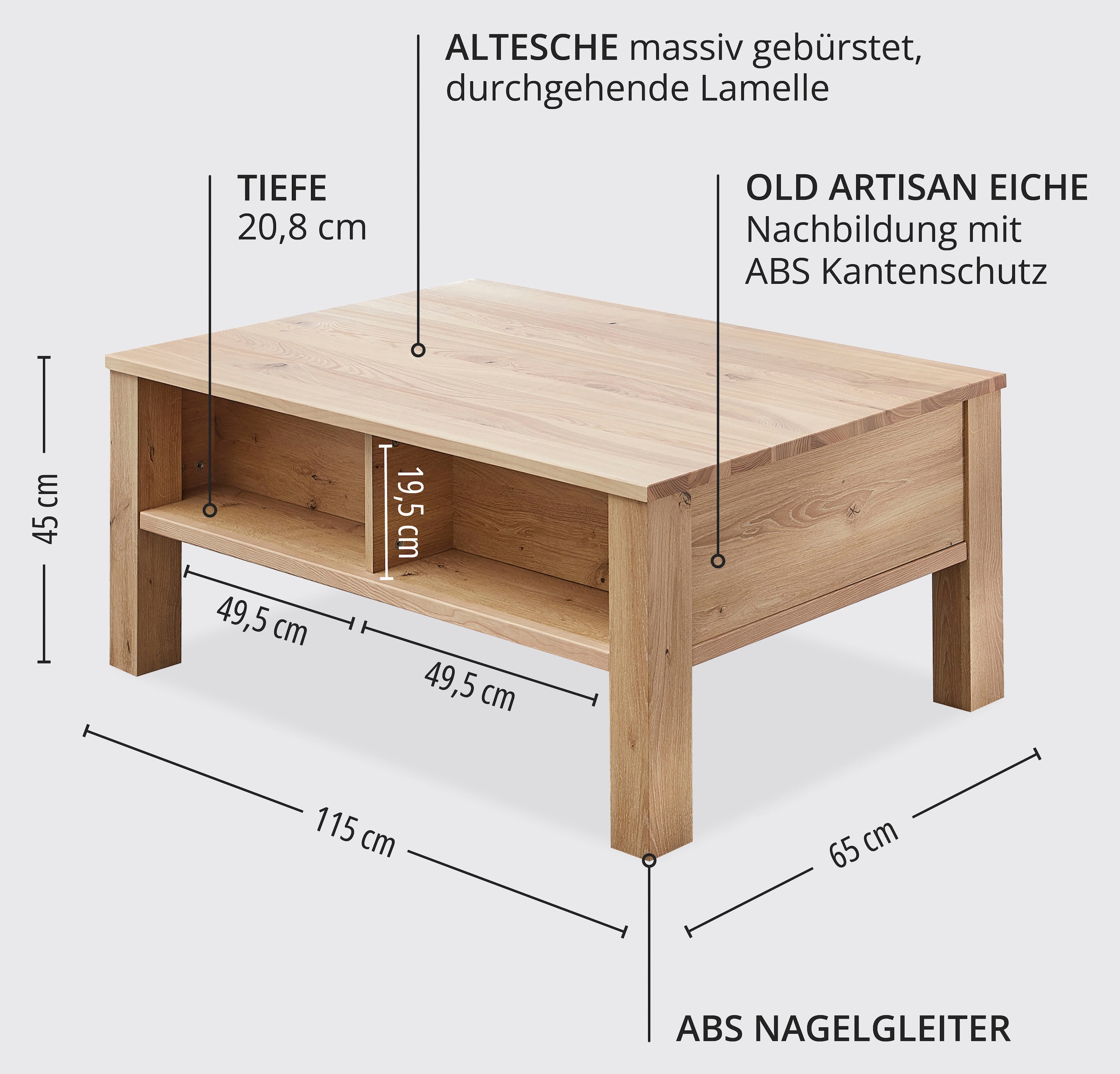 Wohnconcept Couchtisch »Malaga Couchtisch, 115x45x65 (BxHxT)« 1 Stk. tlg. Massivholzplatte, 1Schubkaste, 3 offene Fächer, ABS-Kantenschutz