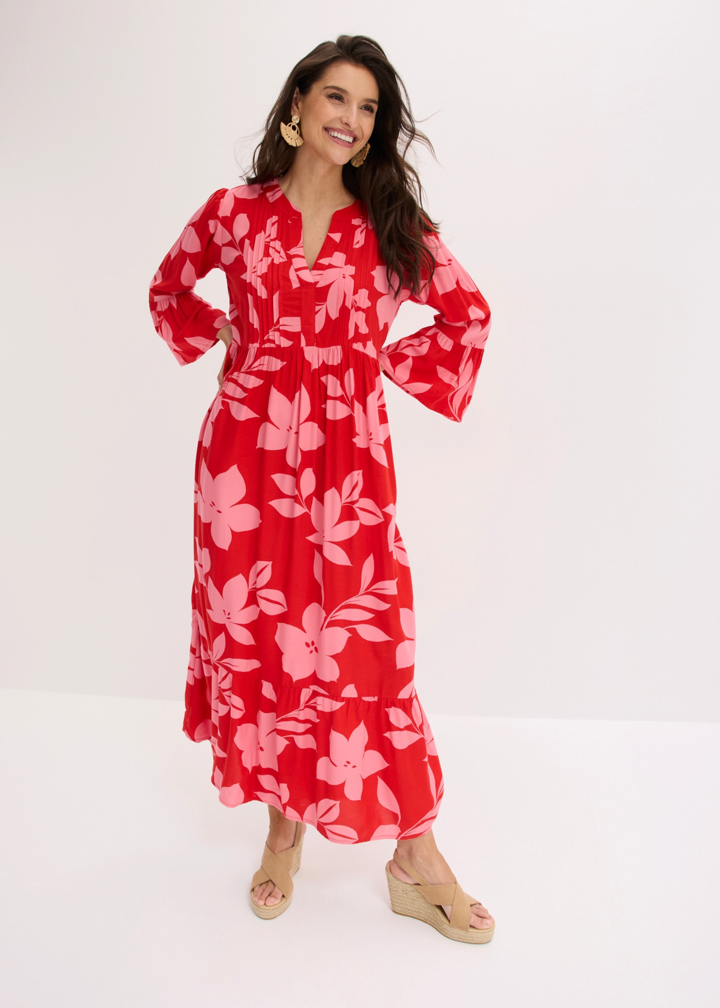 bonprix Maxikleid "Maxikleid aus fließender Viskose" für modischen Auftritt, aus Viskose, A-Linie, 3/4-Ärmel