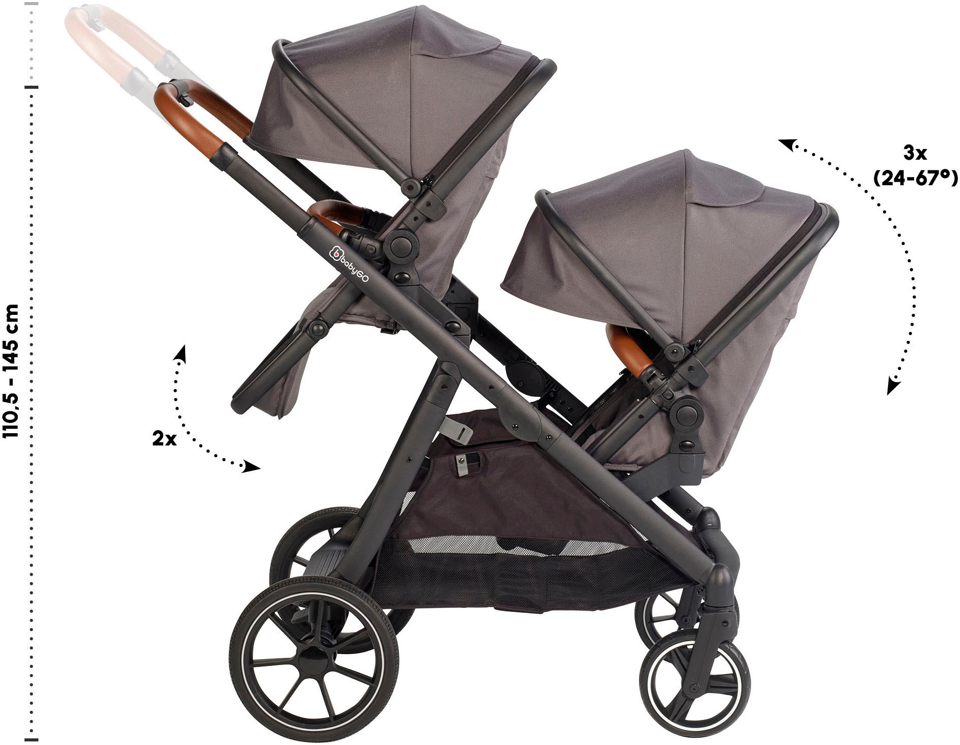 BabyGo Zwillingswagen »Duo«, inklusive Babywannen, Babyschalen, Regebezüge & Wickeltasche