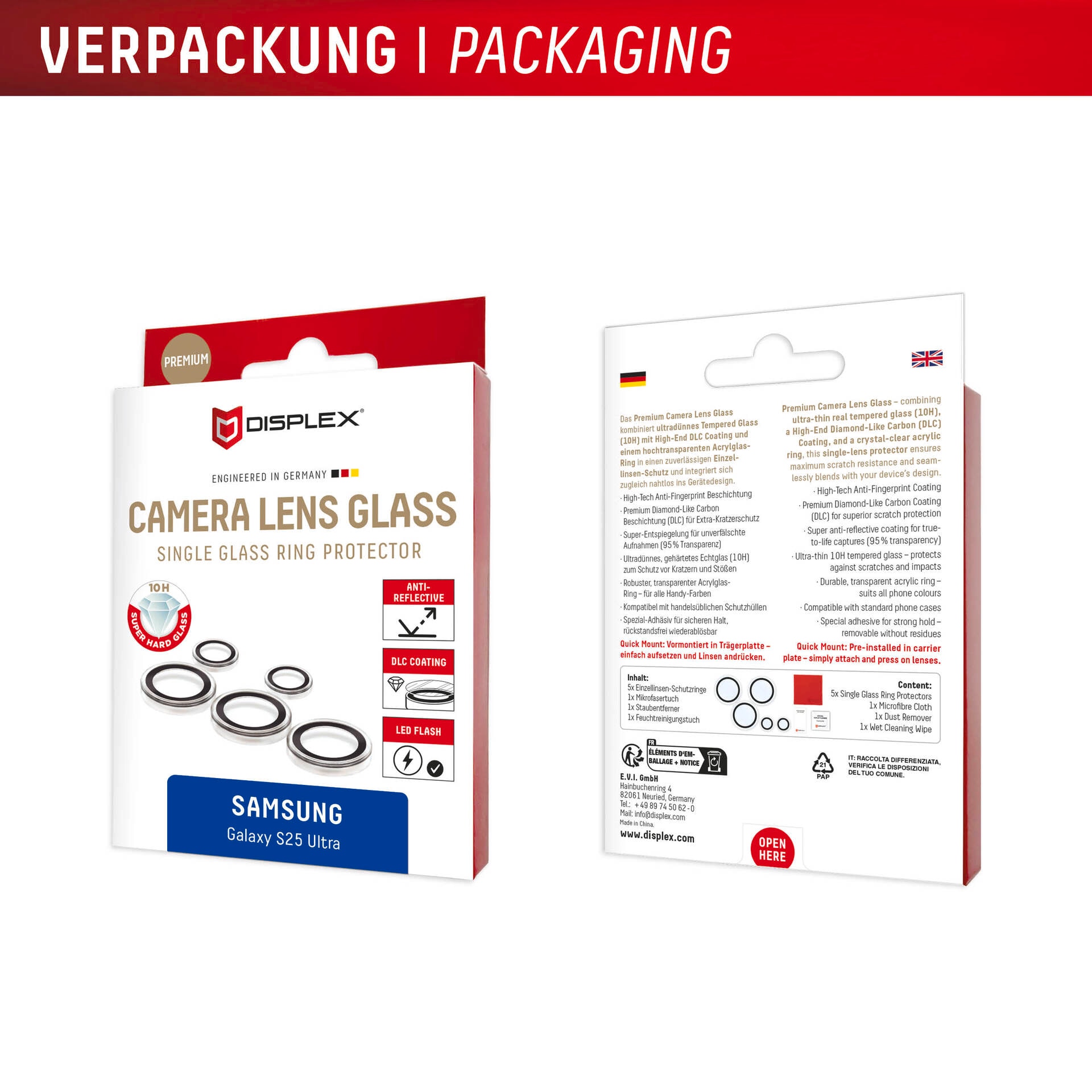 Displex Kameraschutzglas »Camera Lens Glass Single Glass Ring Protector«, für Samsung Galaxy S25 Ultra, (Packung, 2x Einzellinsen-Schutzringe), Objektivschutz, Kameraschutz, kratz- & stoßfest