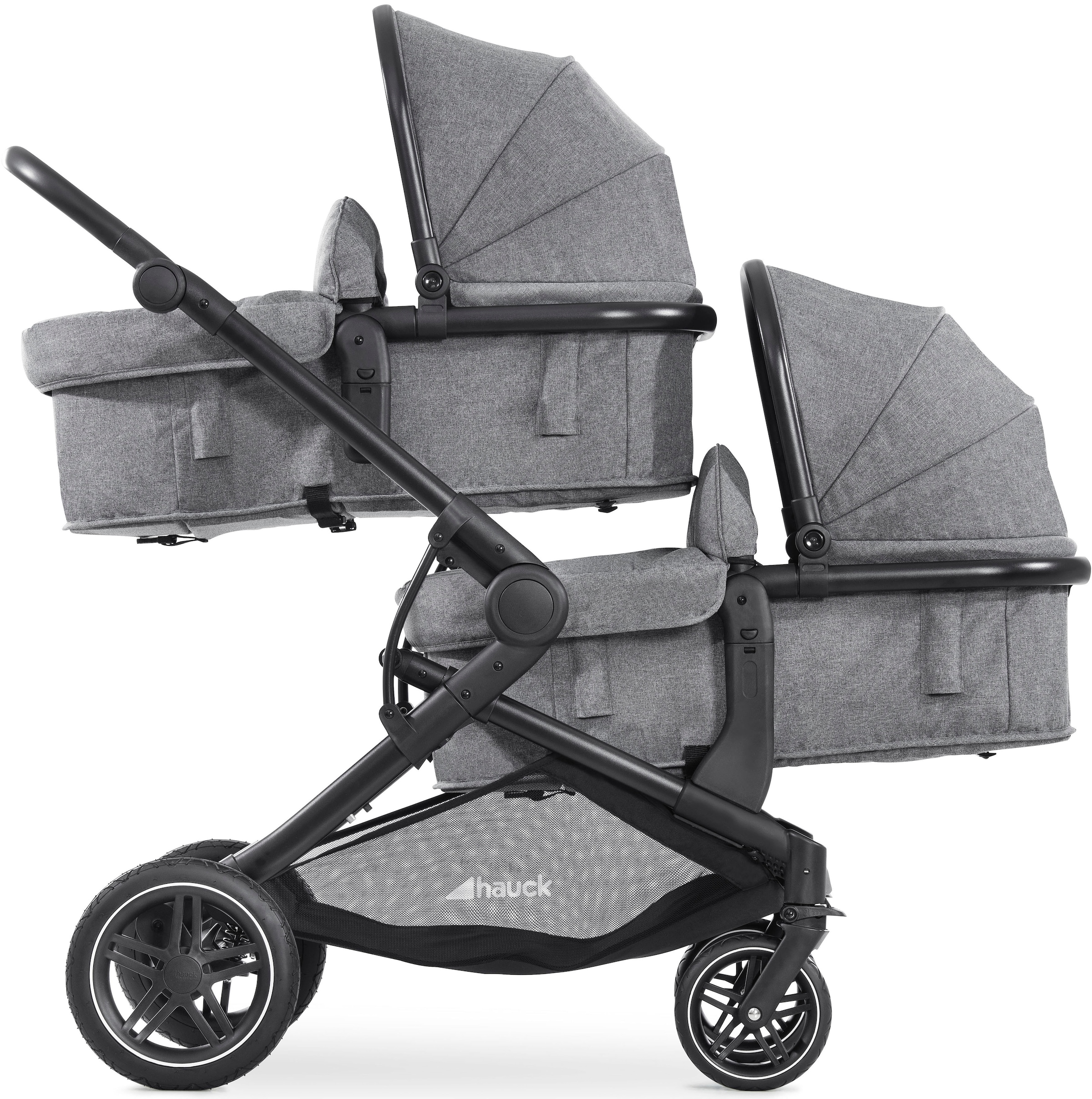 HAUCK Kinder Geschwisterwagen "Atlantic Twin, melange grey", grau, Aluminium, Polyester, Kinderwagen, mit schwenk- und feststellbaren Vorderrädern
