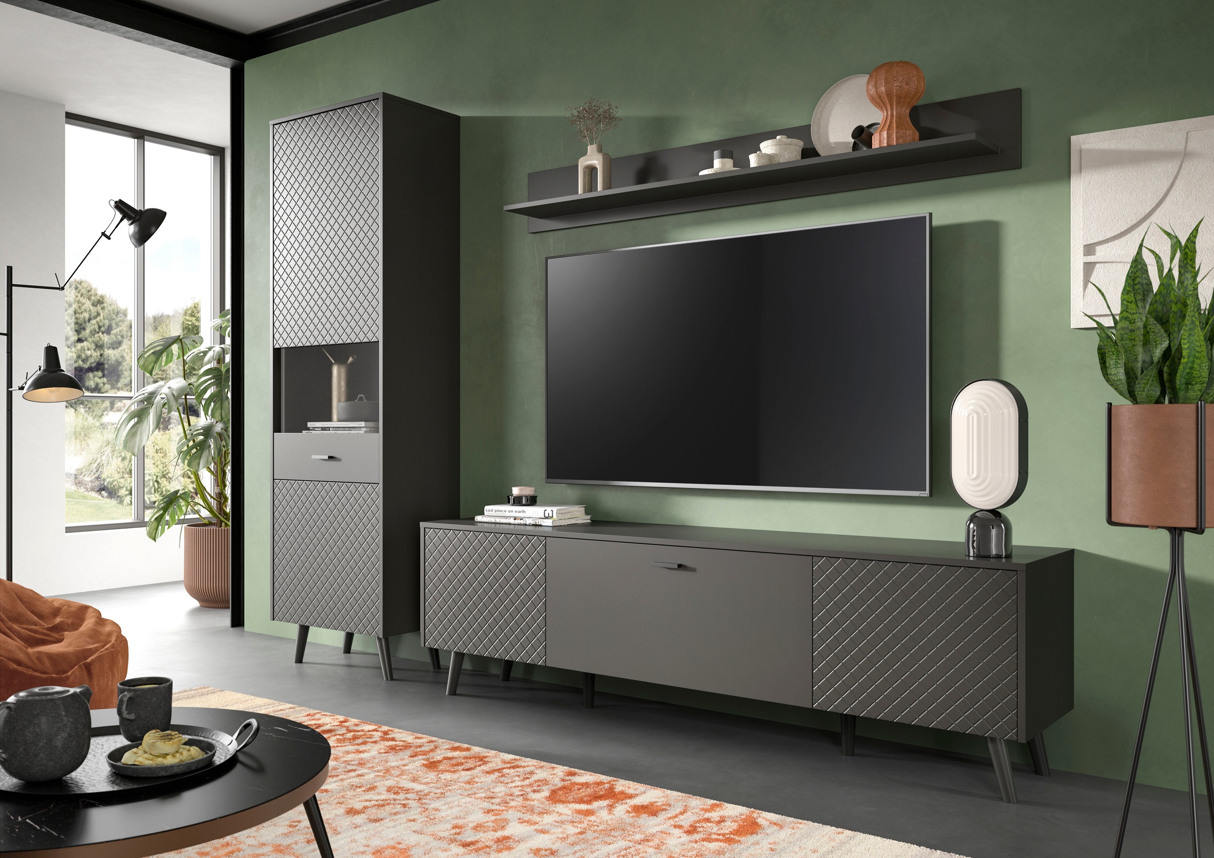 Home affaire Wohnwand »RHOMBUS, 3-tlg., hochwertige MDF-Front mit Karo-Optik« Set, Wohnkombination, Wohn-Kombi, Kombi, Wohnzimmer, 3 Stk. tlg.