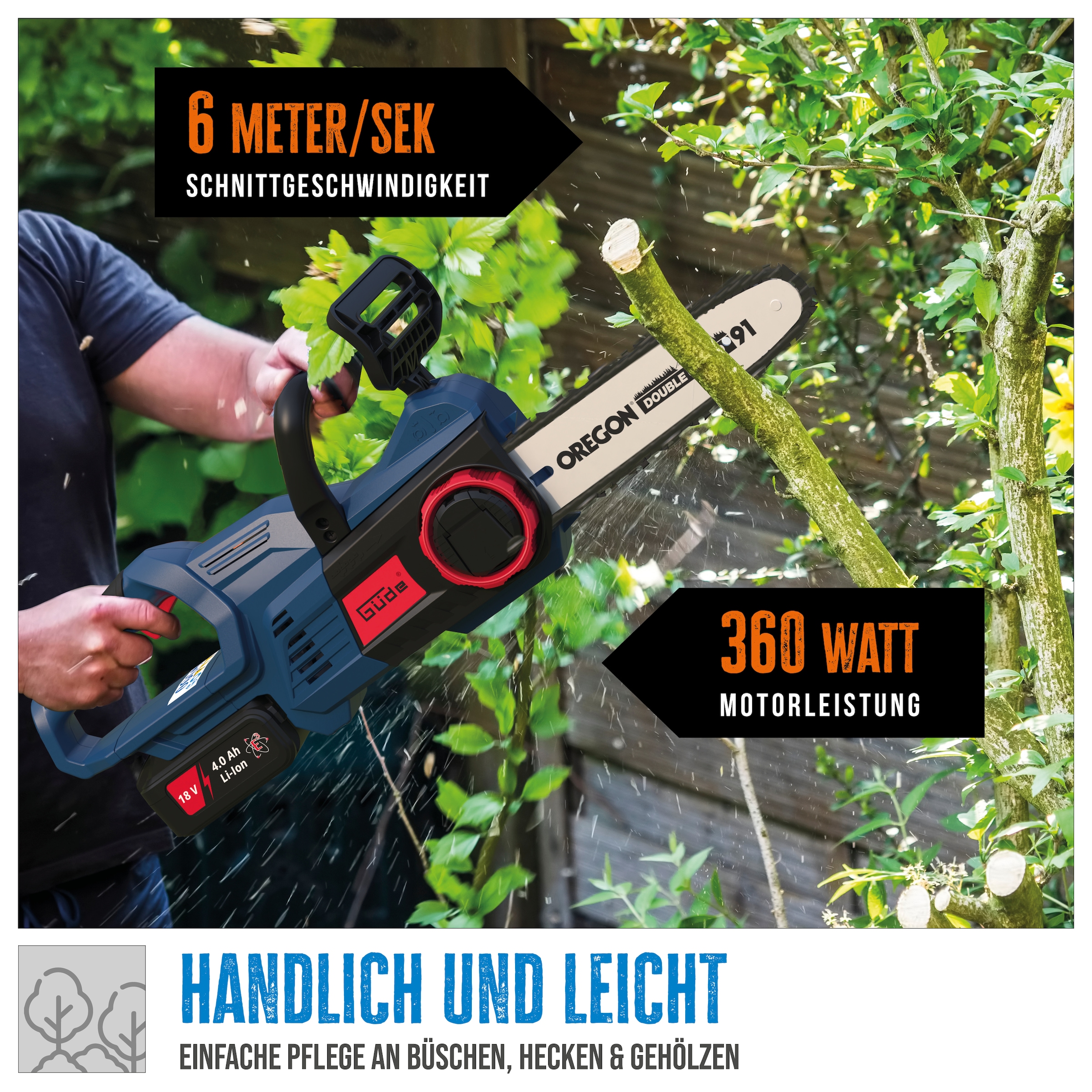 Güde Akku-Kettensäge »»KS 18-401-30««, Inkl. Akku 4Ah und Schnellladegerät 3 A