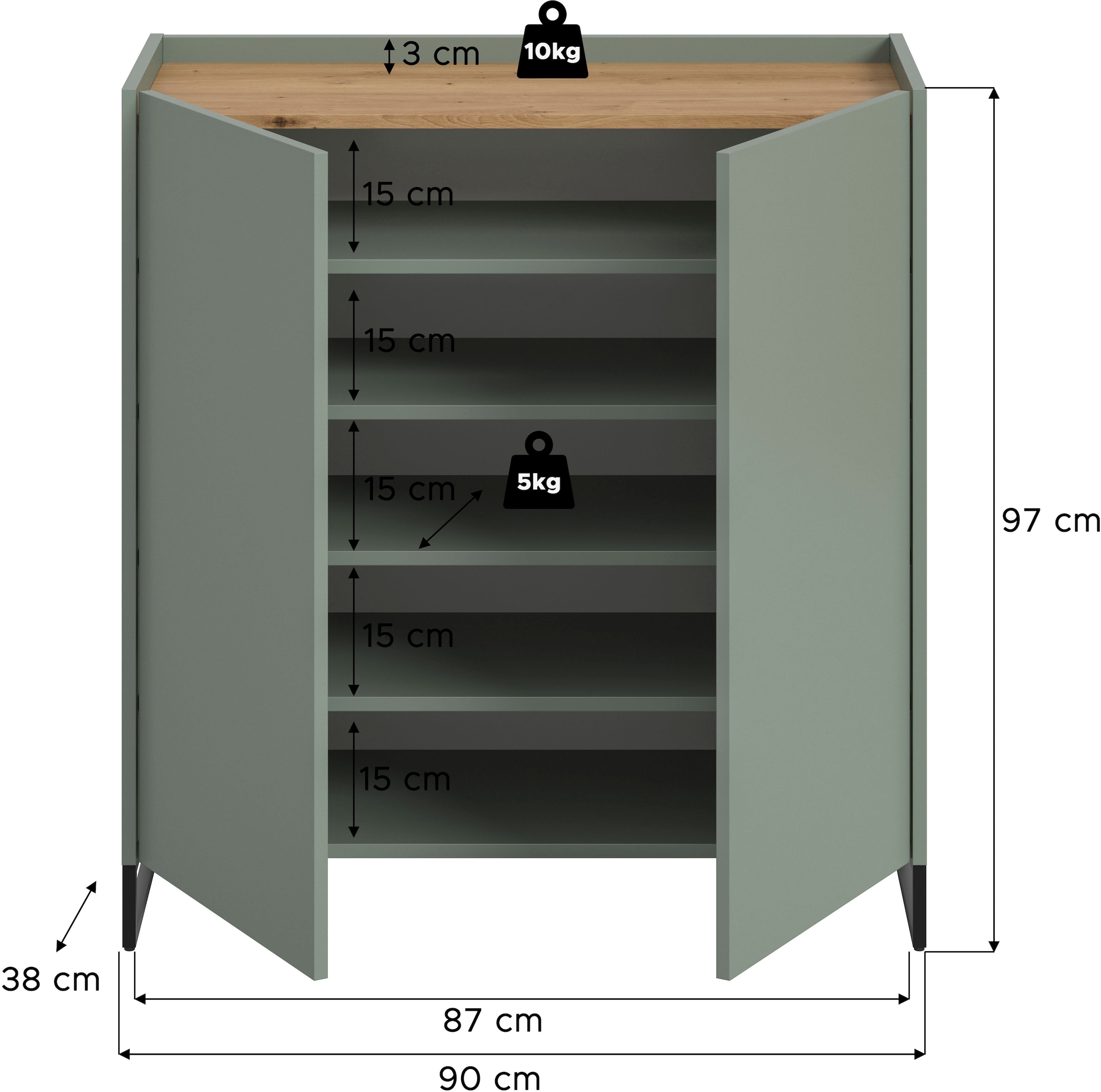 INOSIGN Schuhschrank »EVRID, Breite 90cm, 2 Türen, 5 Einlegeböden, inkl. Metall-Kufenfüße«, (1 St., individuell mit anderen Artikel der Serie EVRID erweiterbar), Schuhkommode, Kommode, Sideboard, Garderobenschrank, Flurkommode