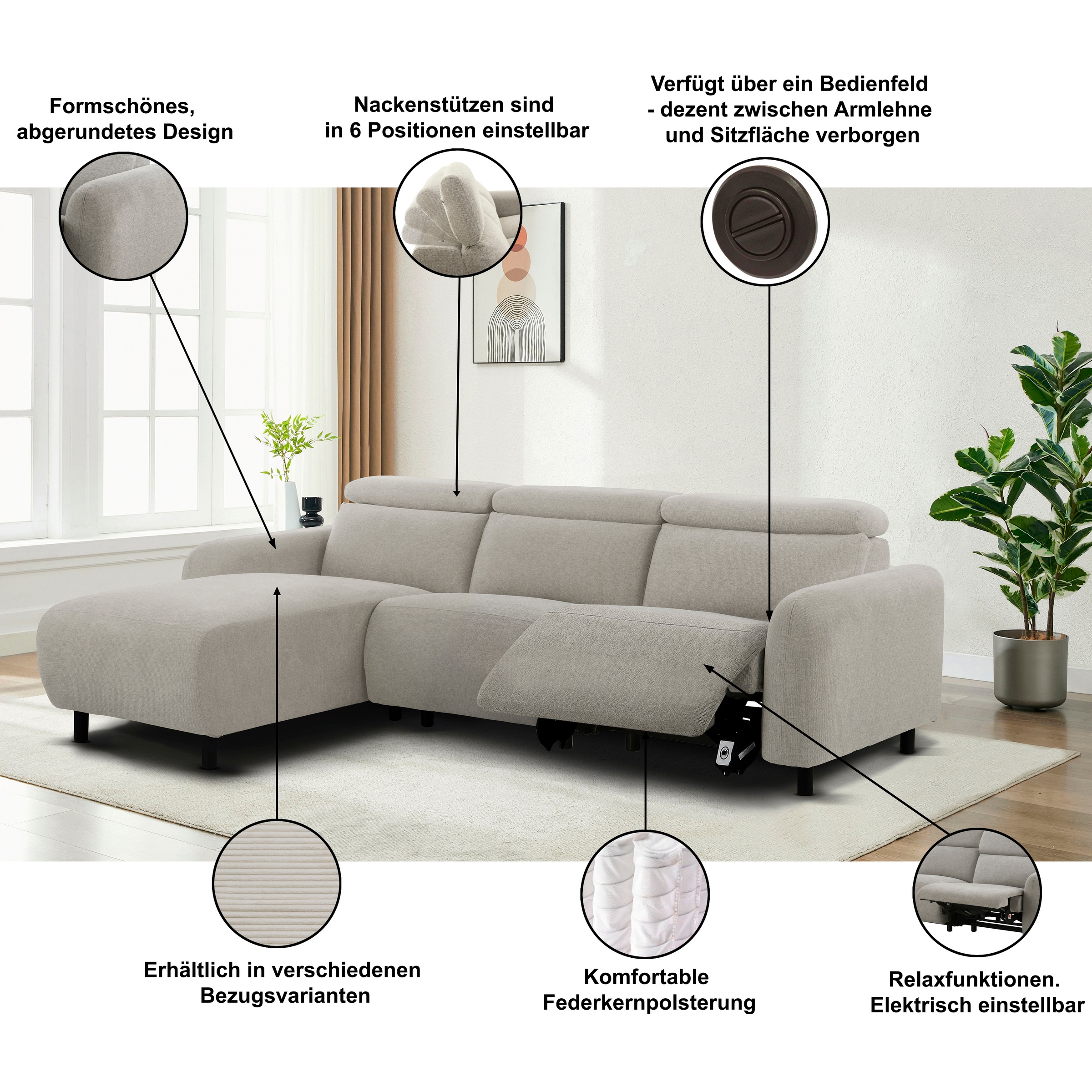 Thumbnail - Home affaire Ecksofa "SKAANE Lederoptik, L-Form, 274 cm, manuelle u. elektrische Funktion," rundes Design, Kopfteilverst...