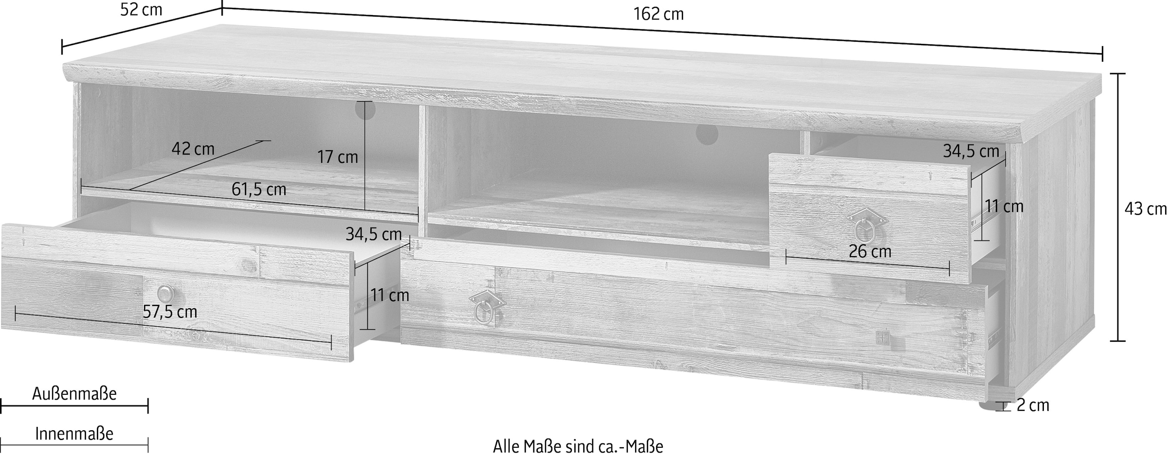 Innostyle Lowboard »BONANZA«, (1 St.), 3 Schubladen, 2 Fächer, 2 Kabeldurchlässe, ABS Kantenschutz