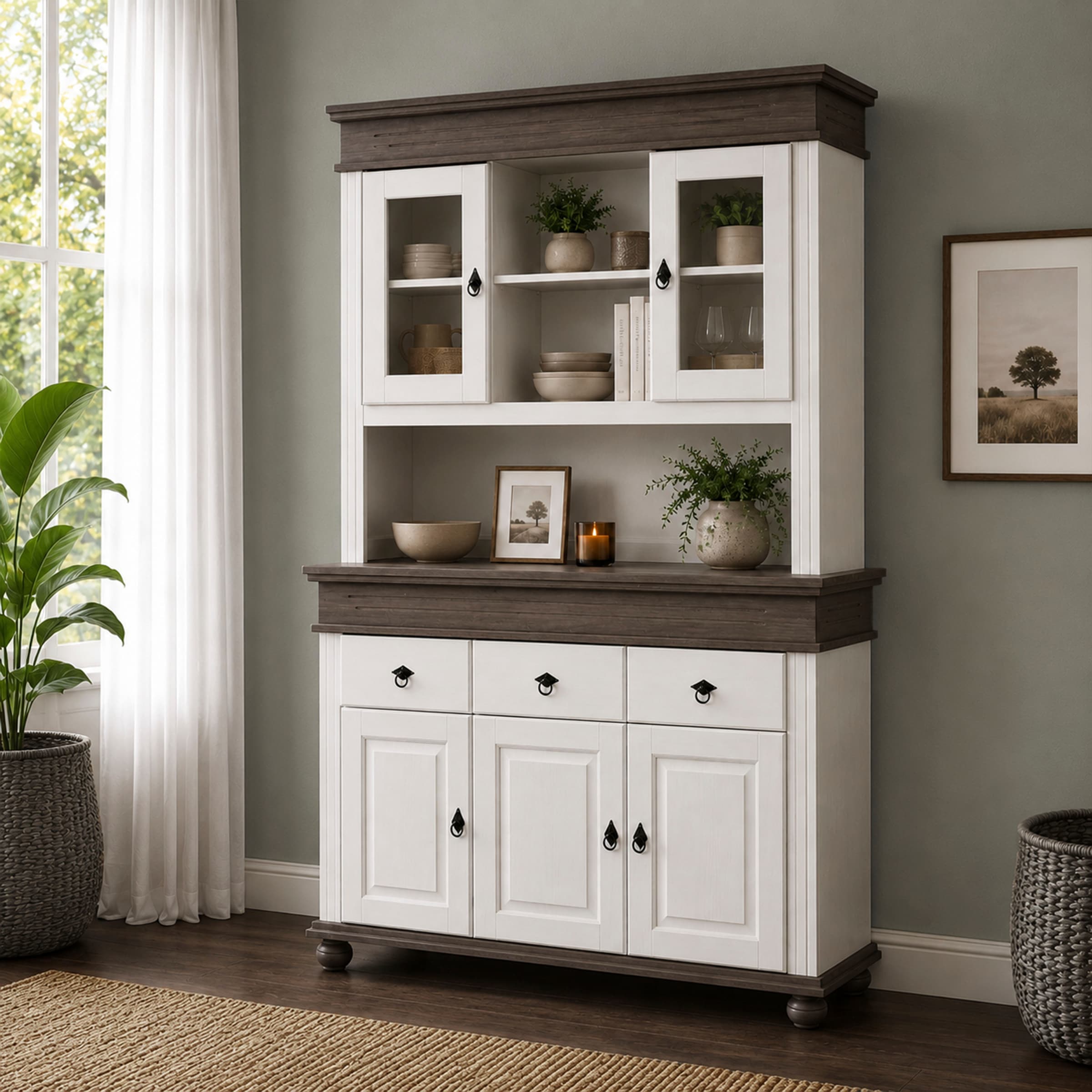 Inter Link Buffet »Halmaro, Kiefer Massivholz, Weiss/Grau-Lava, 141 x 46,30 x 213 cm« 1 Stk. tlg. Vitrine im Laudhausstil, Küchenschrank mit Glastüren, viel Stauraum
