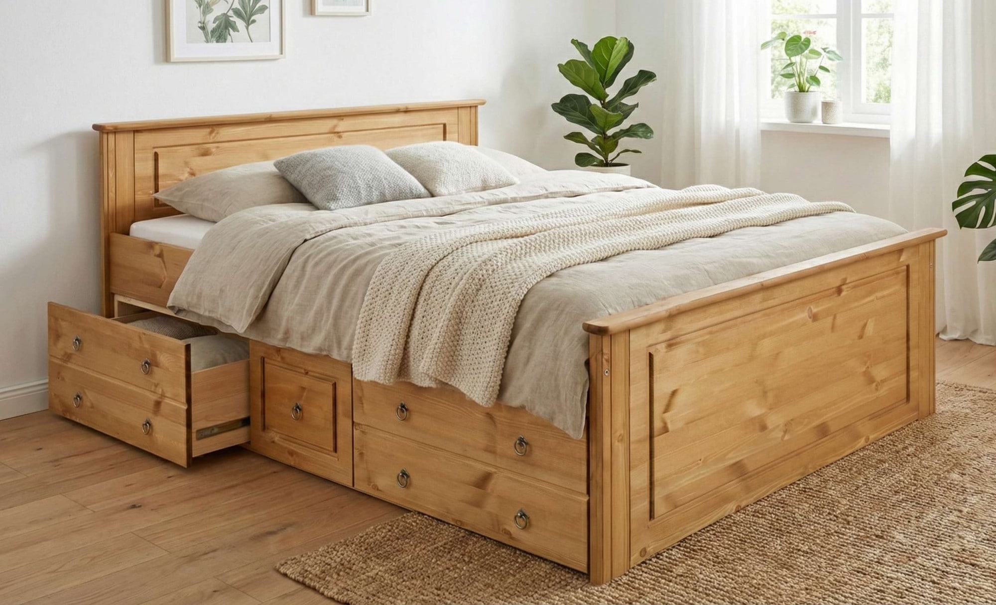 OTTO home Massivholzbett "Hugo, FSC zertifiziert, Landhausstil, zeitlos und edel" auch als Super Sparset inklusive Schubkästen, Stauraumbett, extra belastbar, Made in EU, viele Breiten