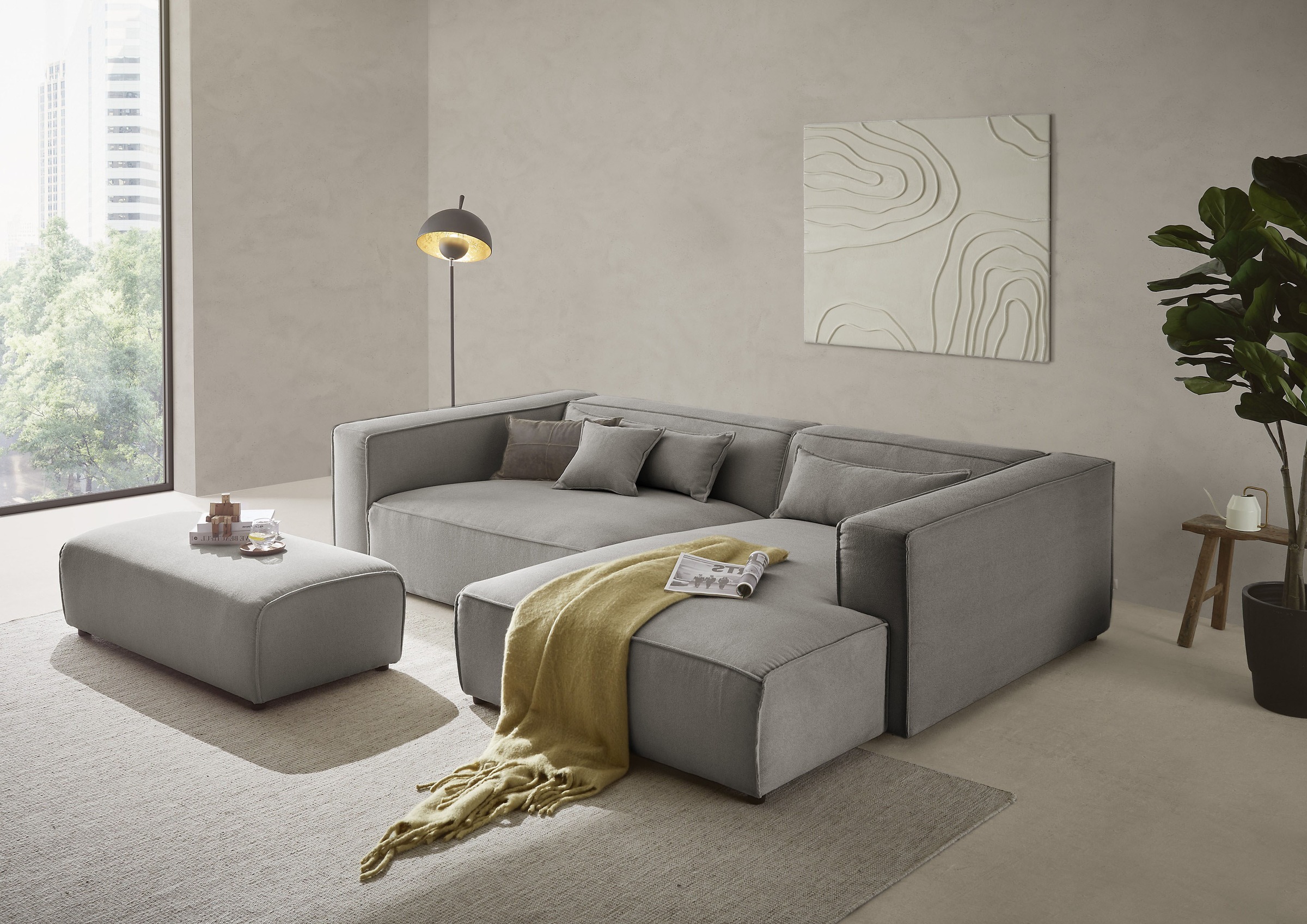 LeGer Home by Lena Gercke Ecksofa "PIARA XXL Struktur u. Leinenoptik, L-Form, Schlaffunktion" Hocker stellbar zum Schlafsofa (Krokodilverbinder), tiefe Sitzfläche