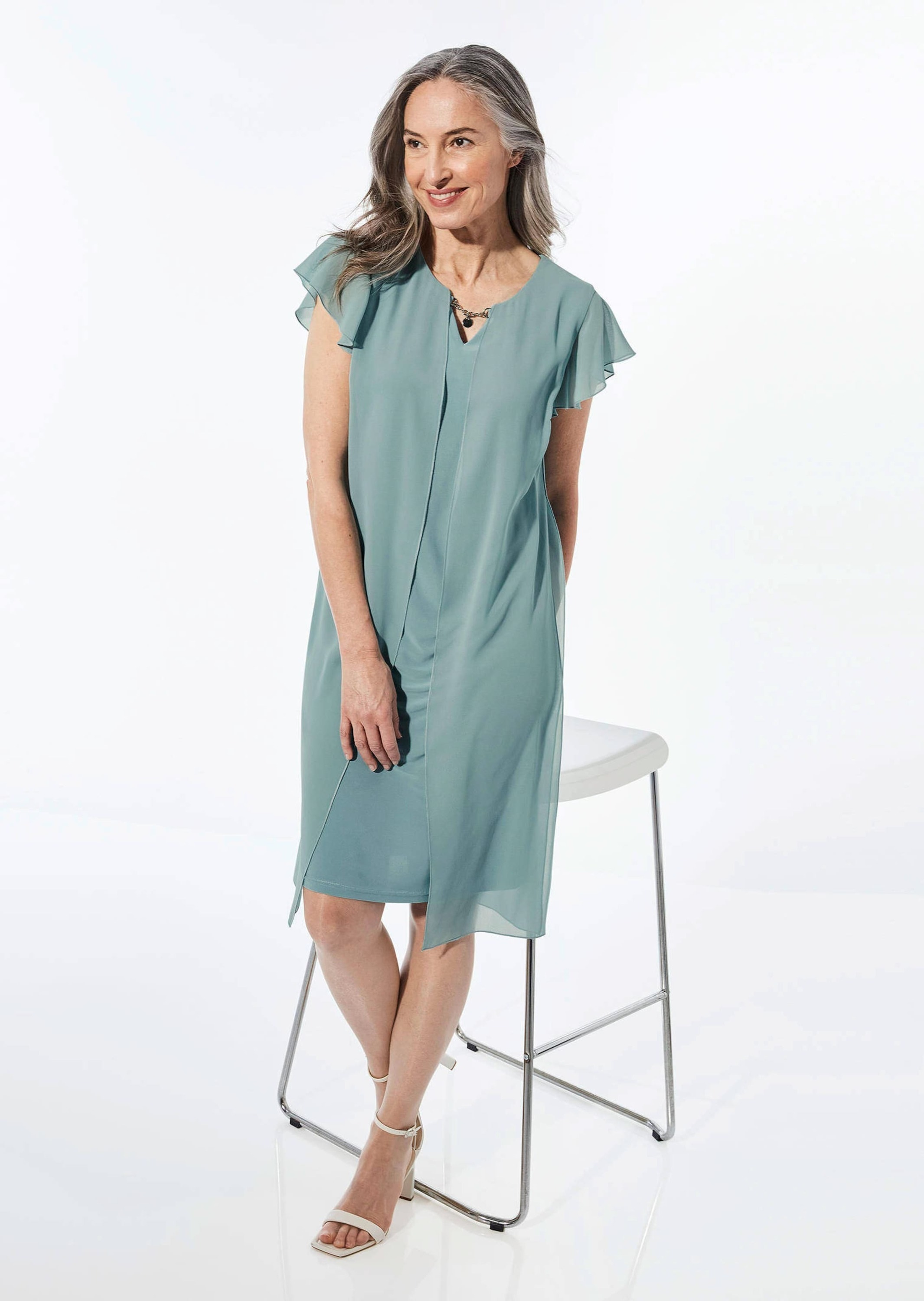 Abendkleid GOLDNER "Kleid", Damen, Gr. 44, N-Gr, grün (thymian), Obermaterial: 96% Polyester PES. 4% Elasthan EL., festlich, figurumspielend, Halbarm, Kleider Abendkleid, Chiffon 3